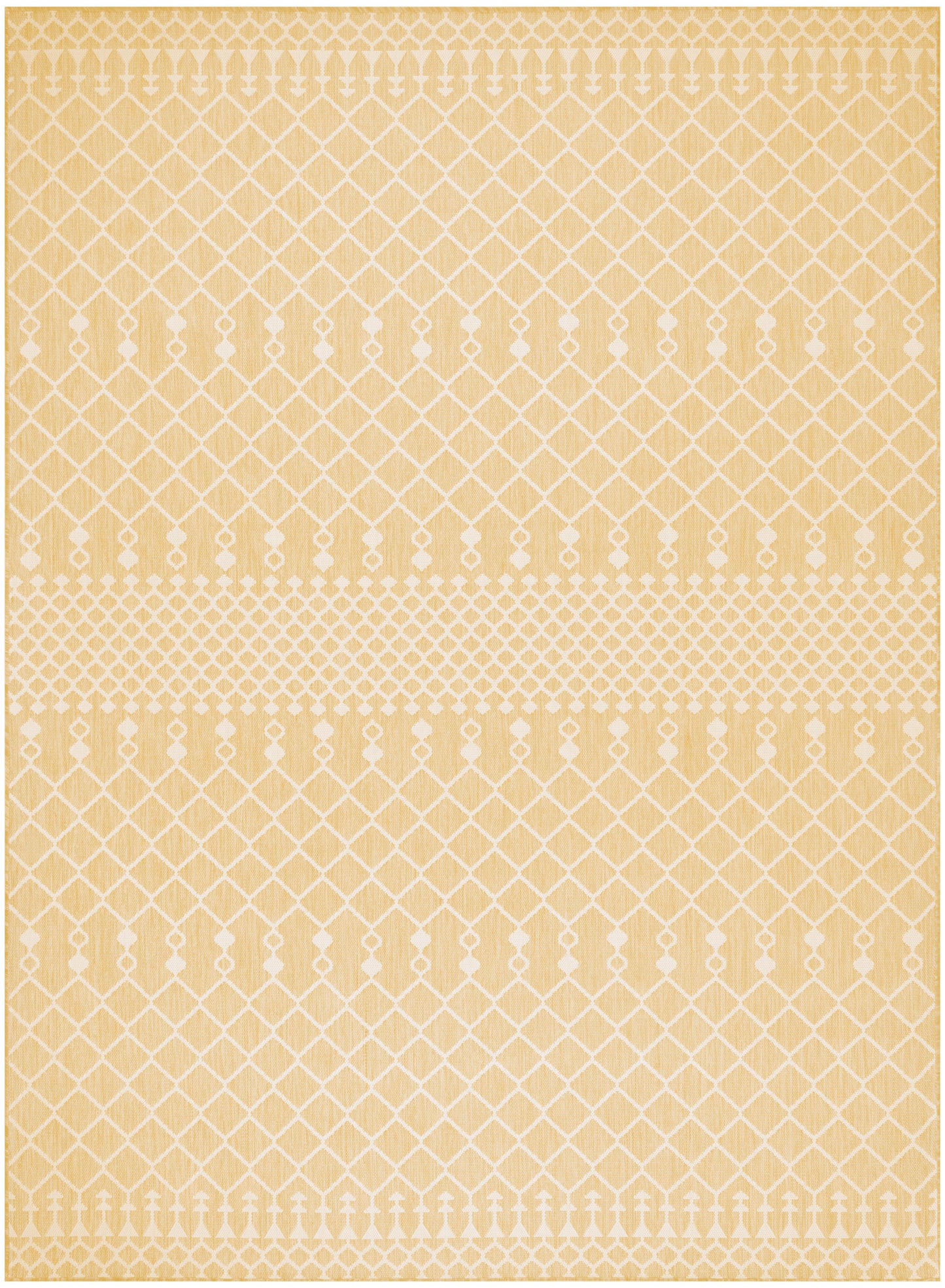 Beige-gold area rug with white lattice pattern & dotted borders; modern boho style.