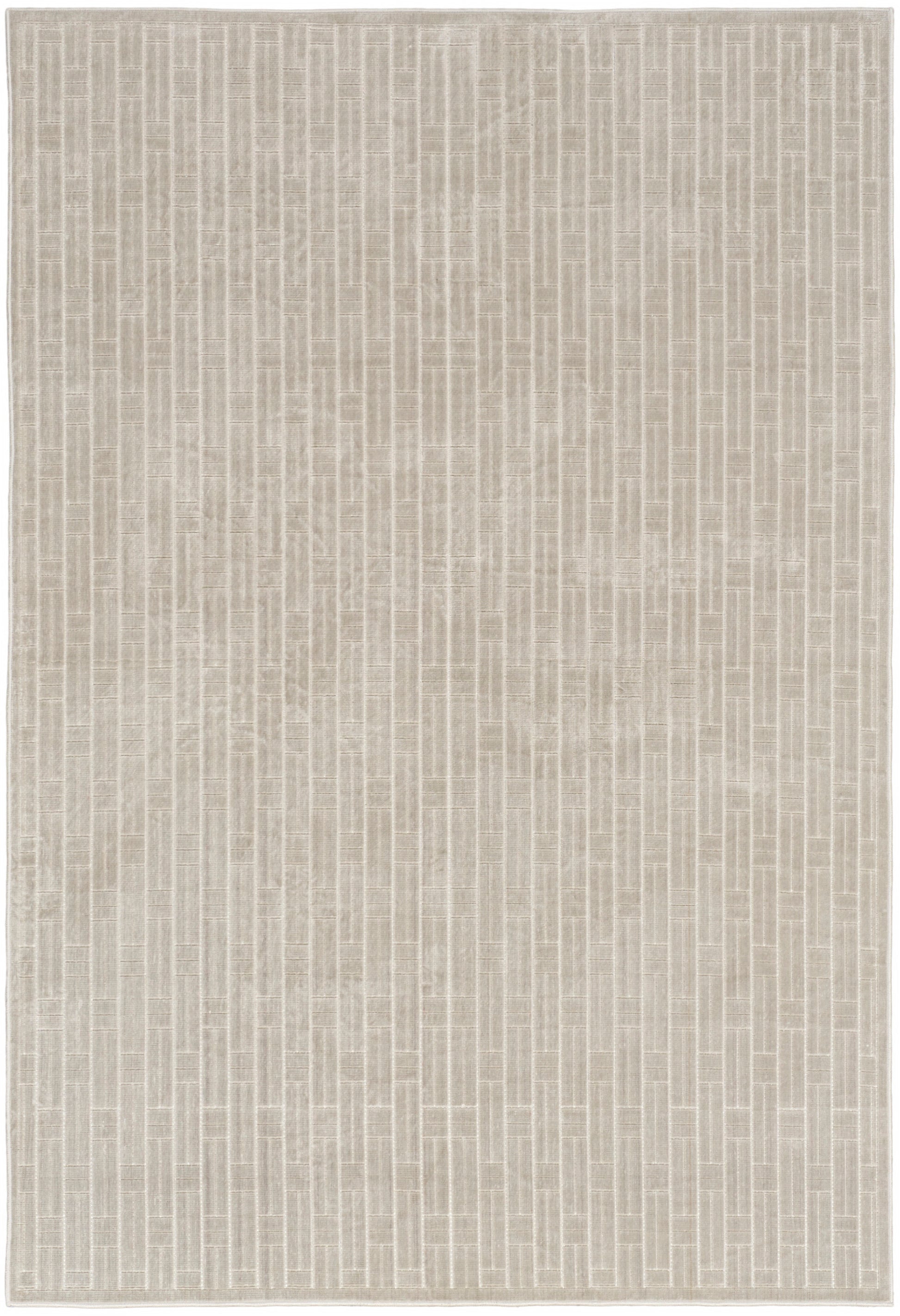 Rectangular beige rug with subtle vertical stripe pattern; textured woven look in neutral tones.