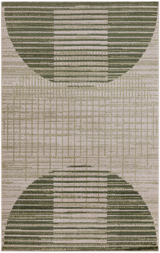 Geometric beige area rug featuring dark green circular motifs mirrored top and bottom with horizontal stripe texture.