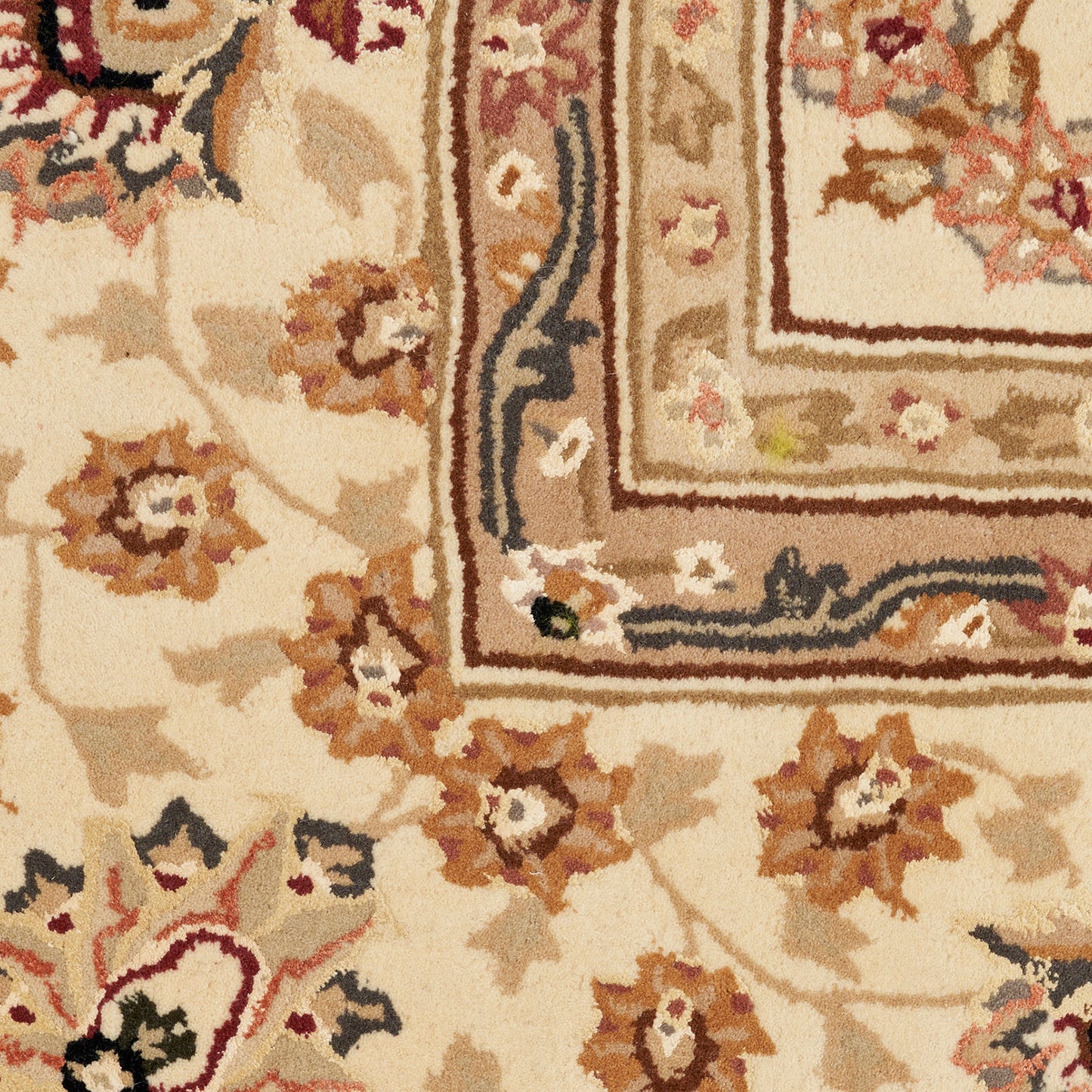 Beige oriental rug with cream background, tan floral motifs and brown ornate border; vintage-inspired decor rug.