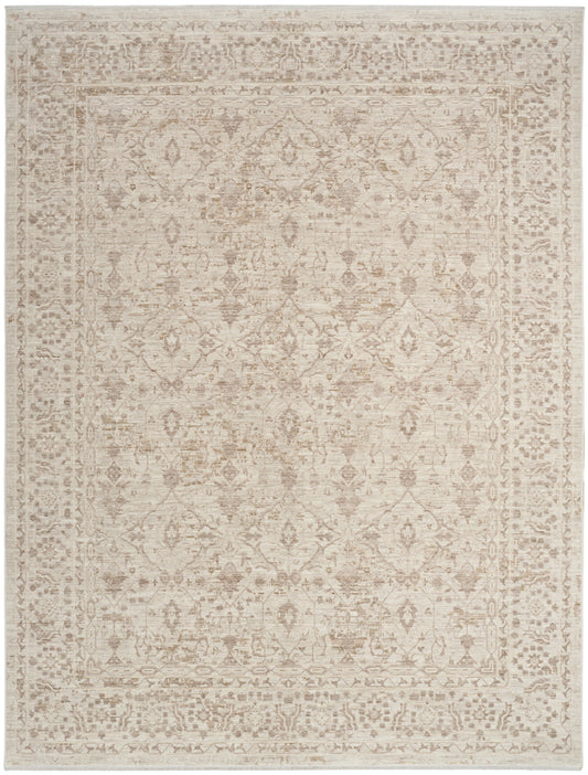 Cream-beige oriental rug with a faded taupe medallion pattern and ornate border.
