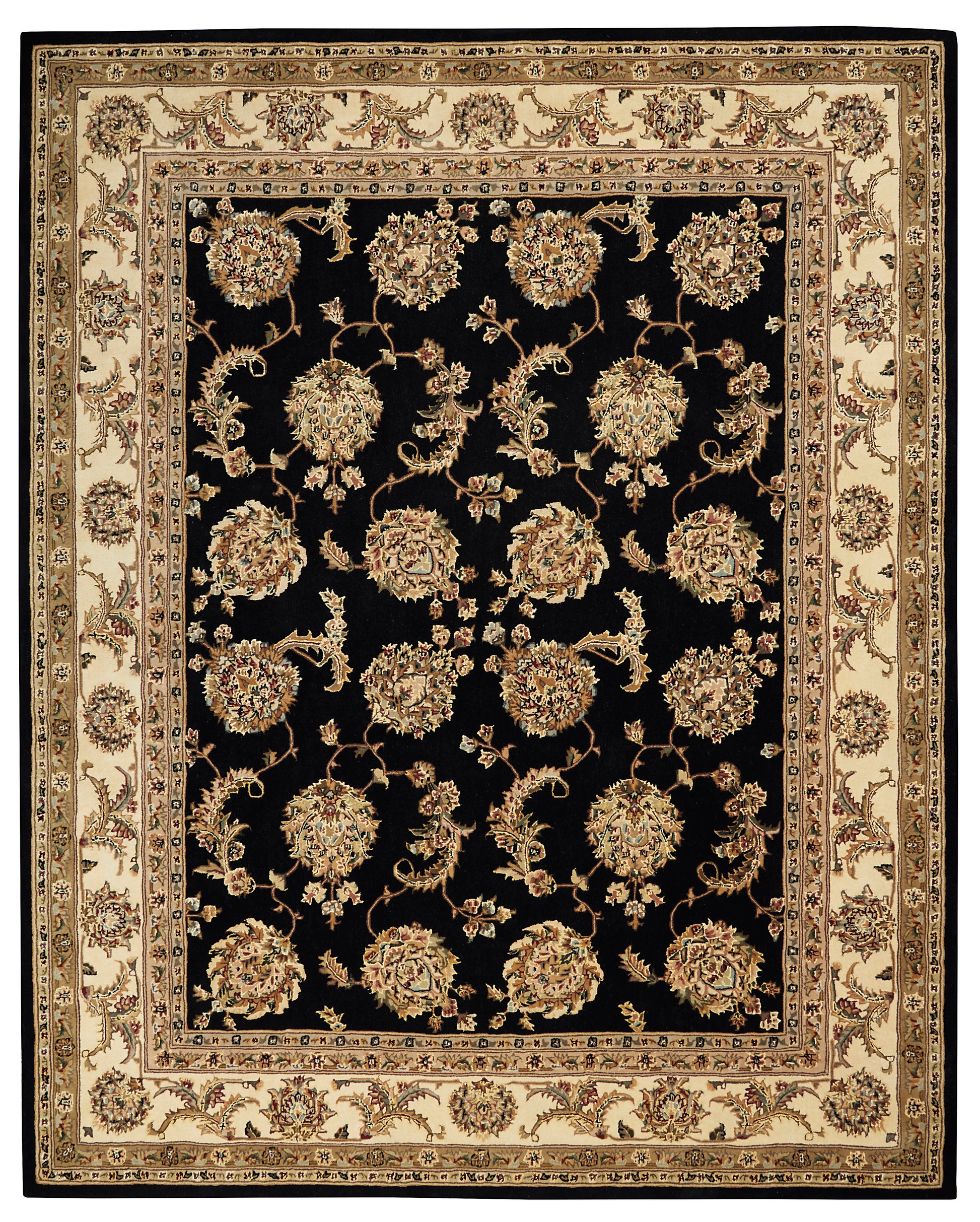 Black oriental rug with gold floral rosettes and curling vines, framed by cream-beige ornate borders.