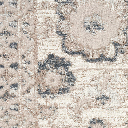 Rectangular distressed oriental rug in ivory, beige and blue-gray with floral medallion patterns; woven wool blend.
