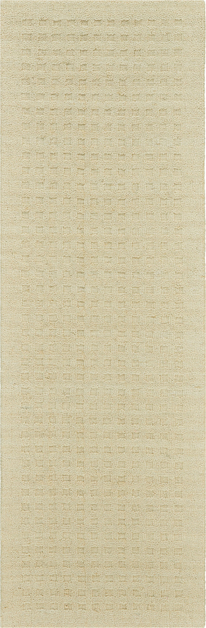 Beige textured loop-pile rectangular rug with subtle grid pattern; neutral, cozy living room decor.
