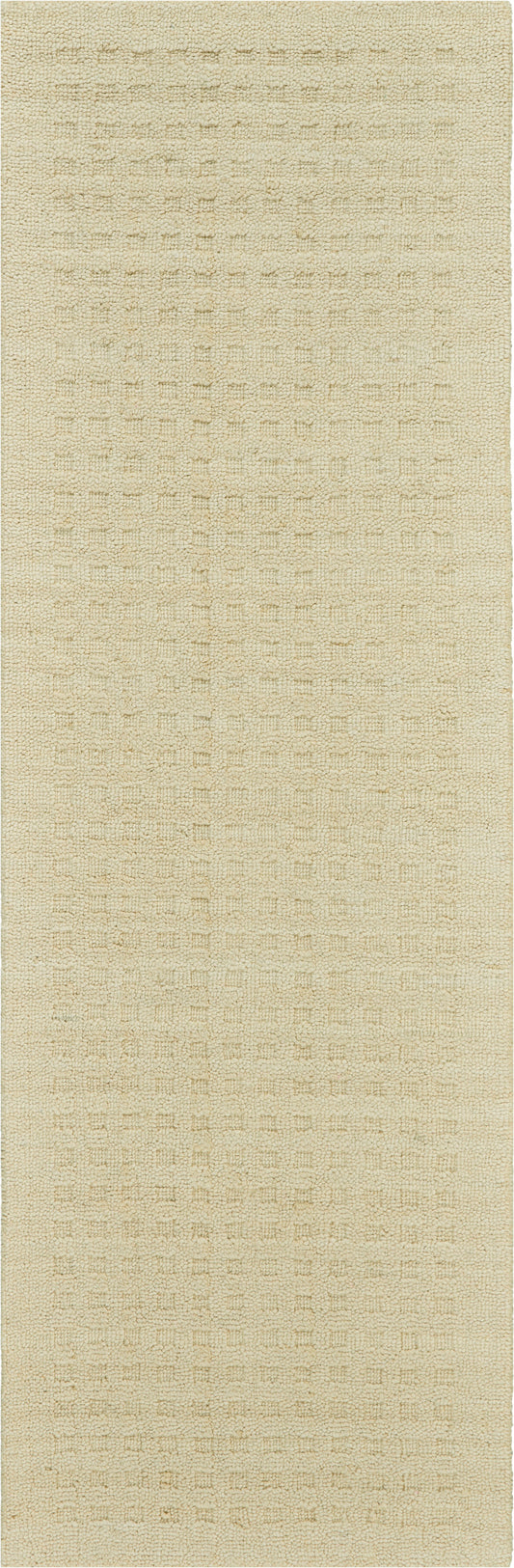 Beige textured loop-pile rectangular rug with subtle grid pattern; neutral, cozy living room decor.
