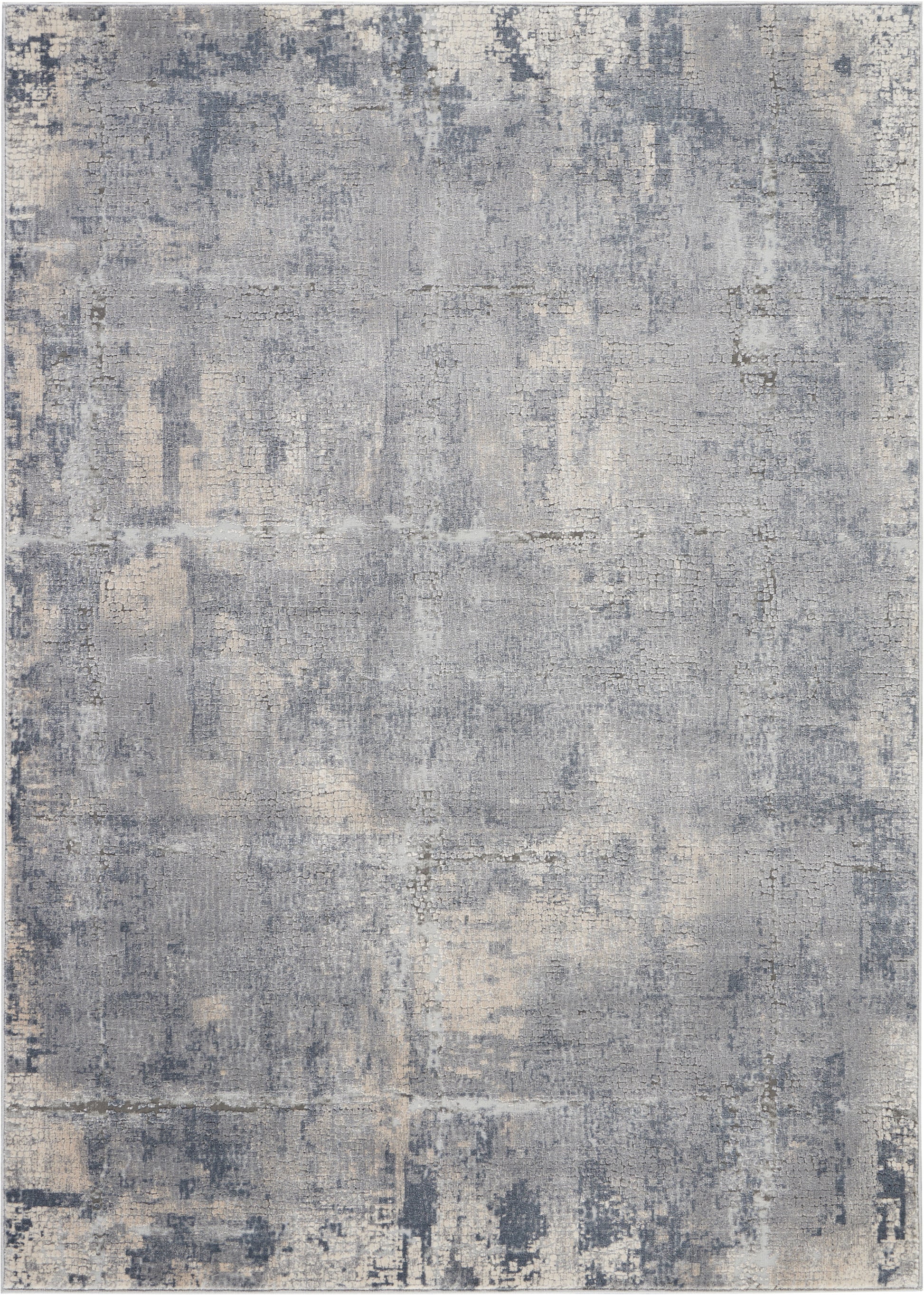 Abstract distressed gray-blue and beige area rug with soft vintage tones and washed texture.