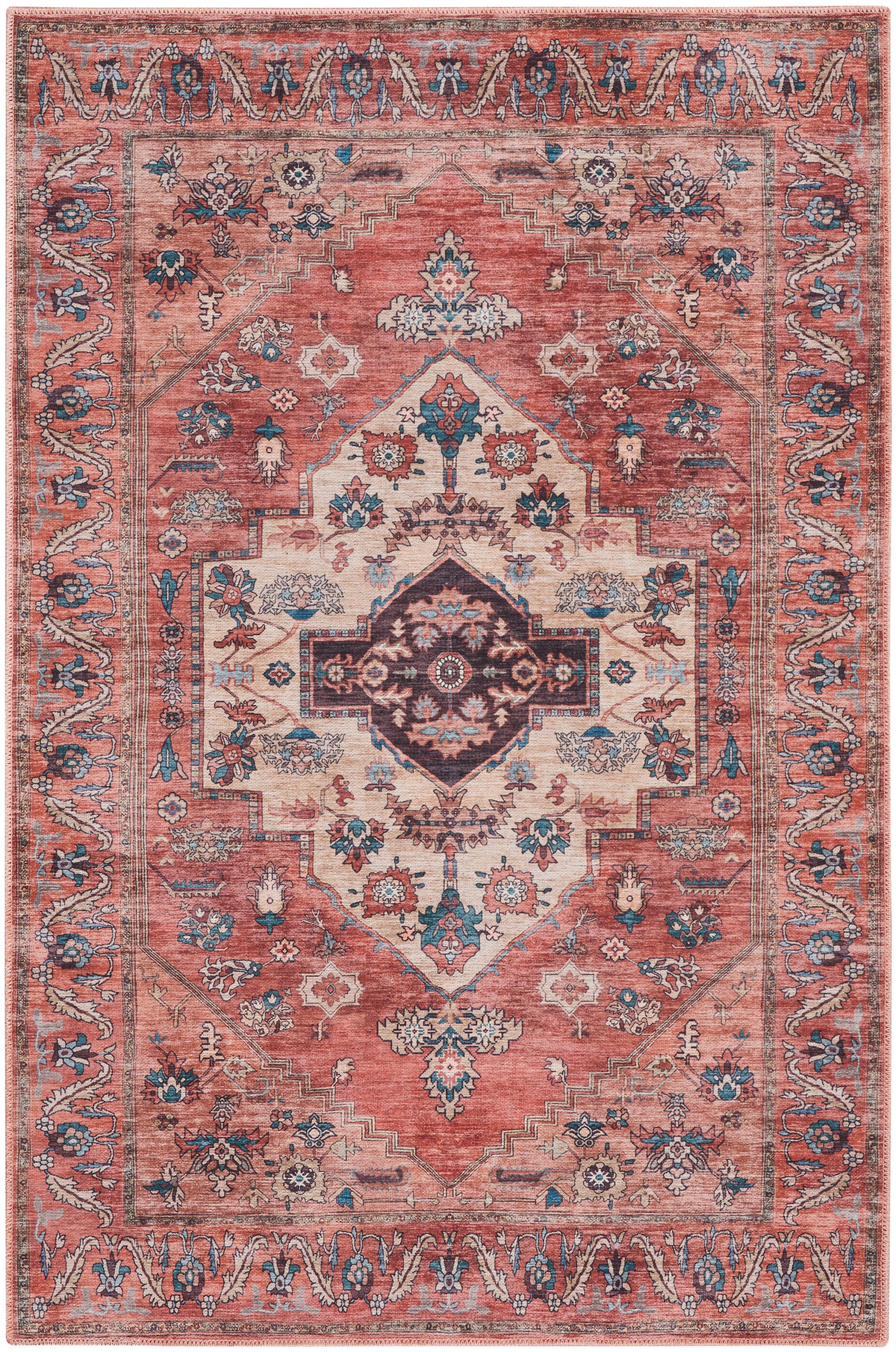 Rectangular coral-pink oriental rug with ivory central field, navy diamond medallion, and blue floral border.