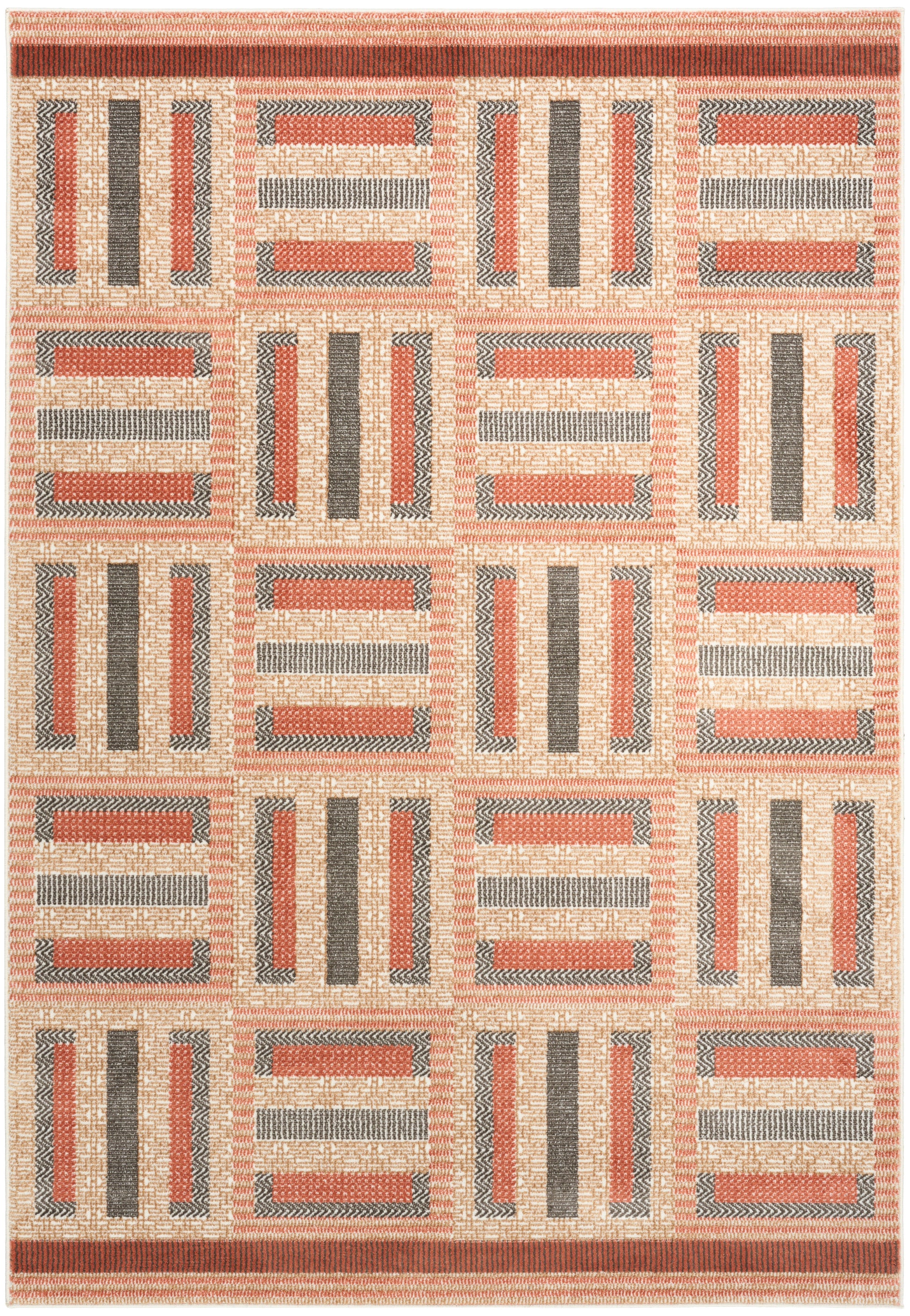 Geometric kilim-style rug in coral, charcoal and cream with bars and rectangles in a tiled grid.