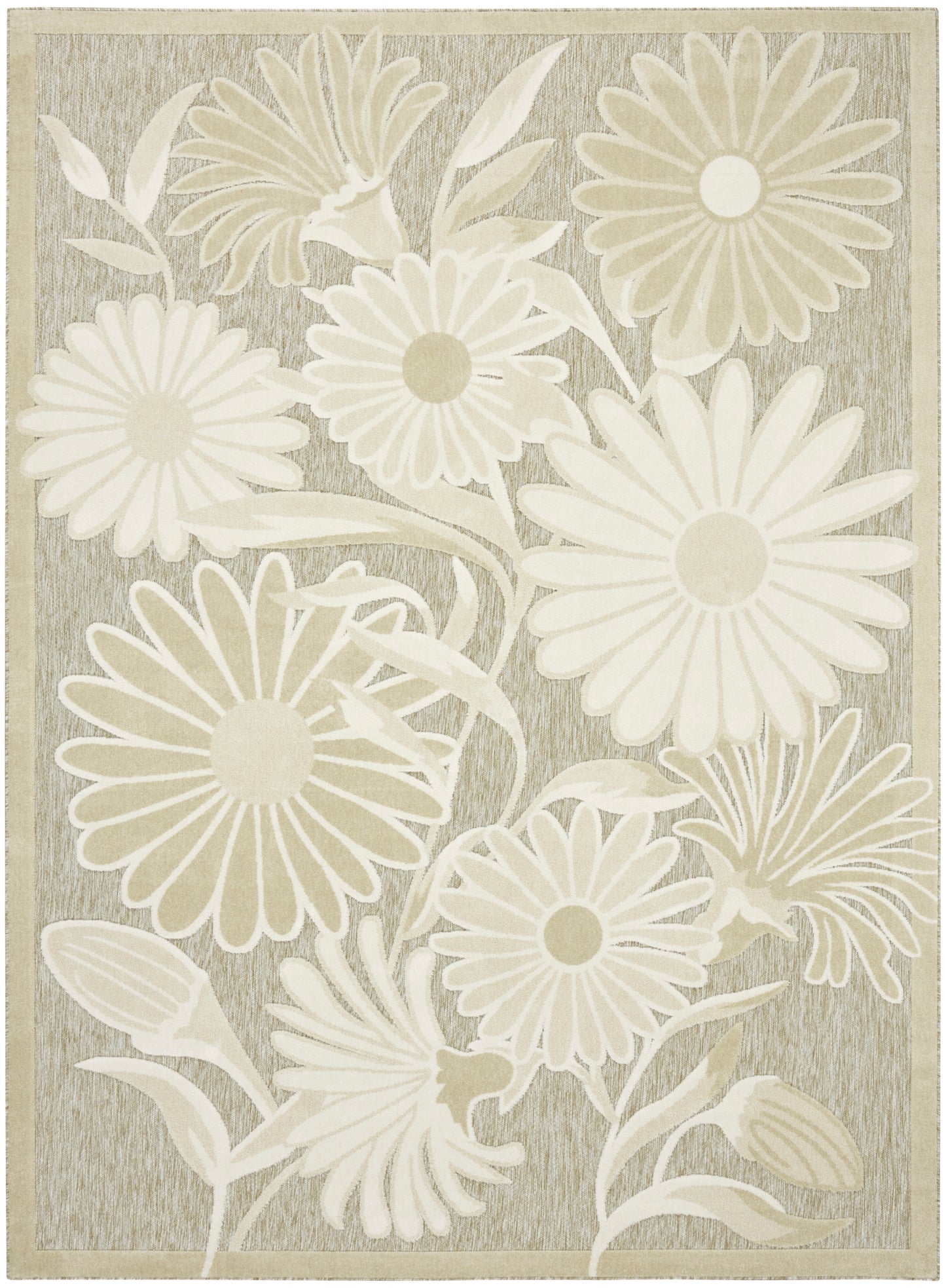 Cream and beige daisy floral rug with large blooms on taupe background and border.