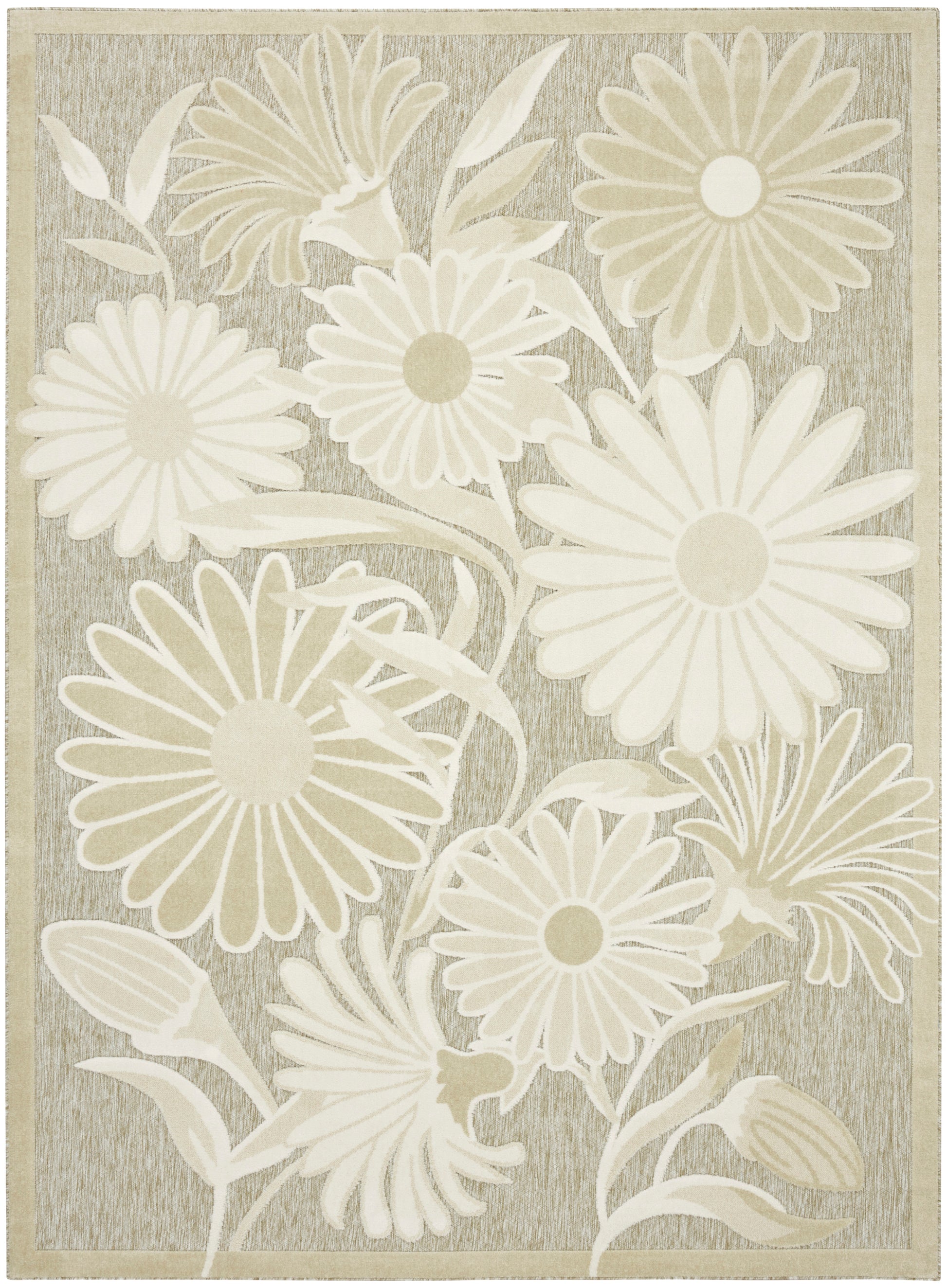 Cream and beige daisy floral rug with large blooms on taupe background and border.