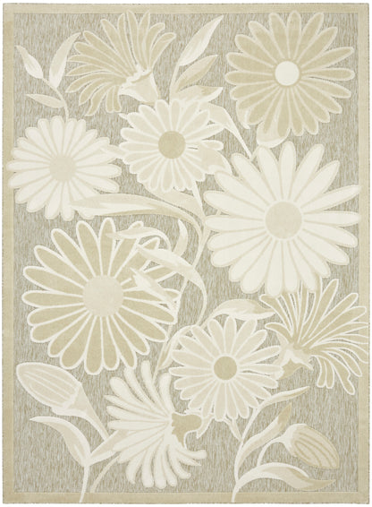 Cream and beige daisy floral rug with large blooms on taupe background and border.