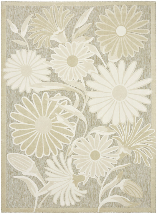 Cream and beige daisy floral rug with large blooms on taupe background and border.