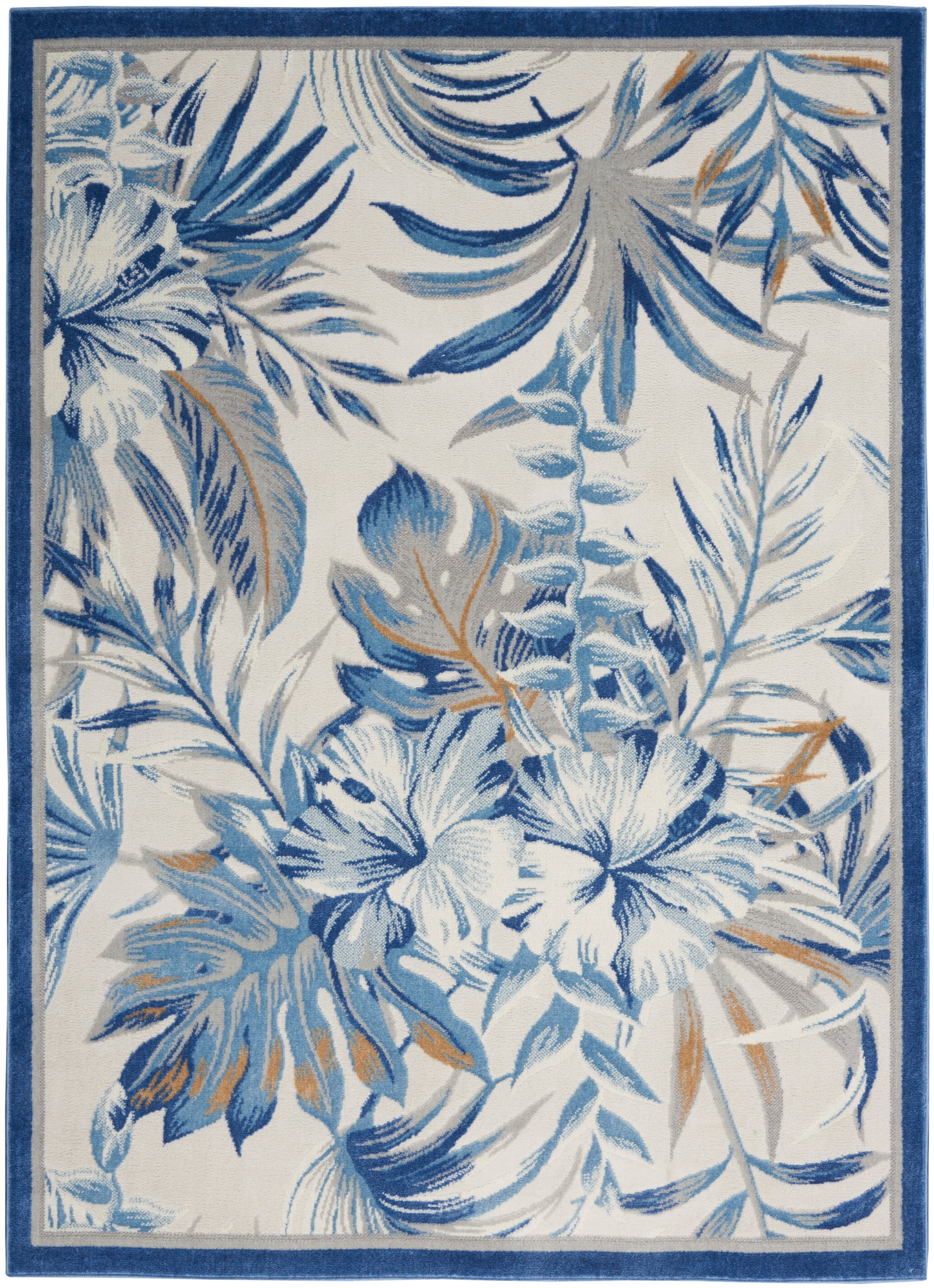 Blue tropical floral area rug with hibiscus and palm leaves on a white background, framed by a dark blue border.