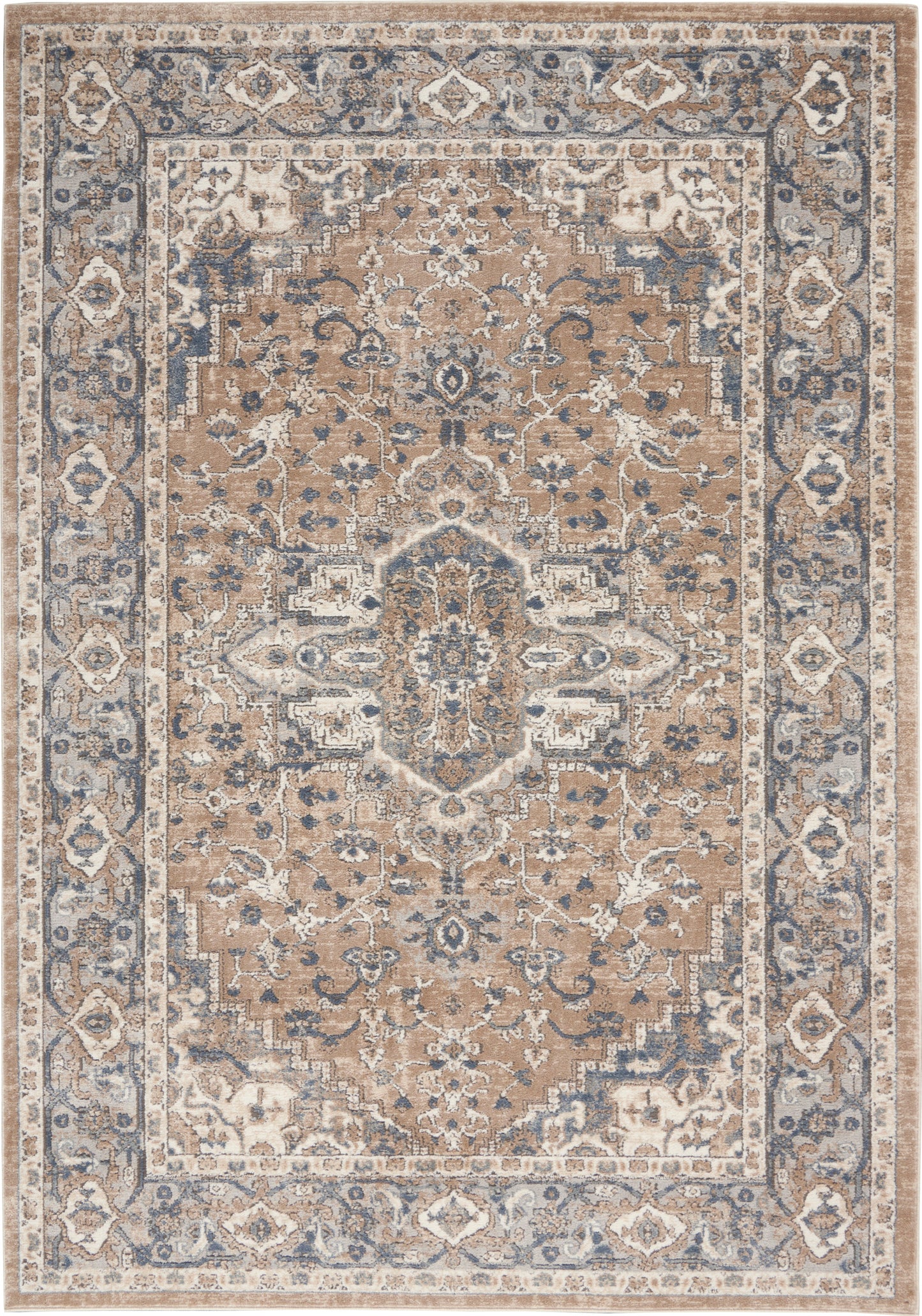 Rectangular oriental area rug in beige, ivory & blue-gray with central medallion & ornate floral border.