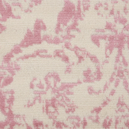Cream & dusty pink damask pattern rug runner with ornate floral motifs, woven texture.