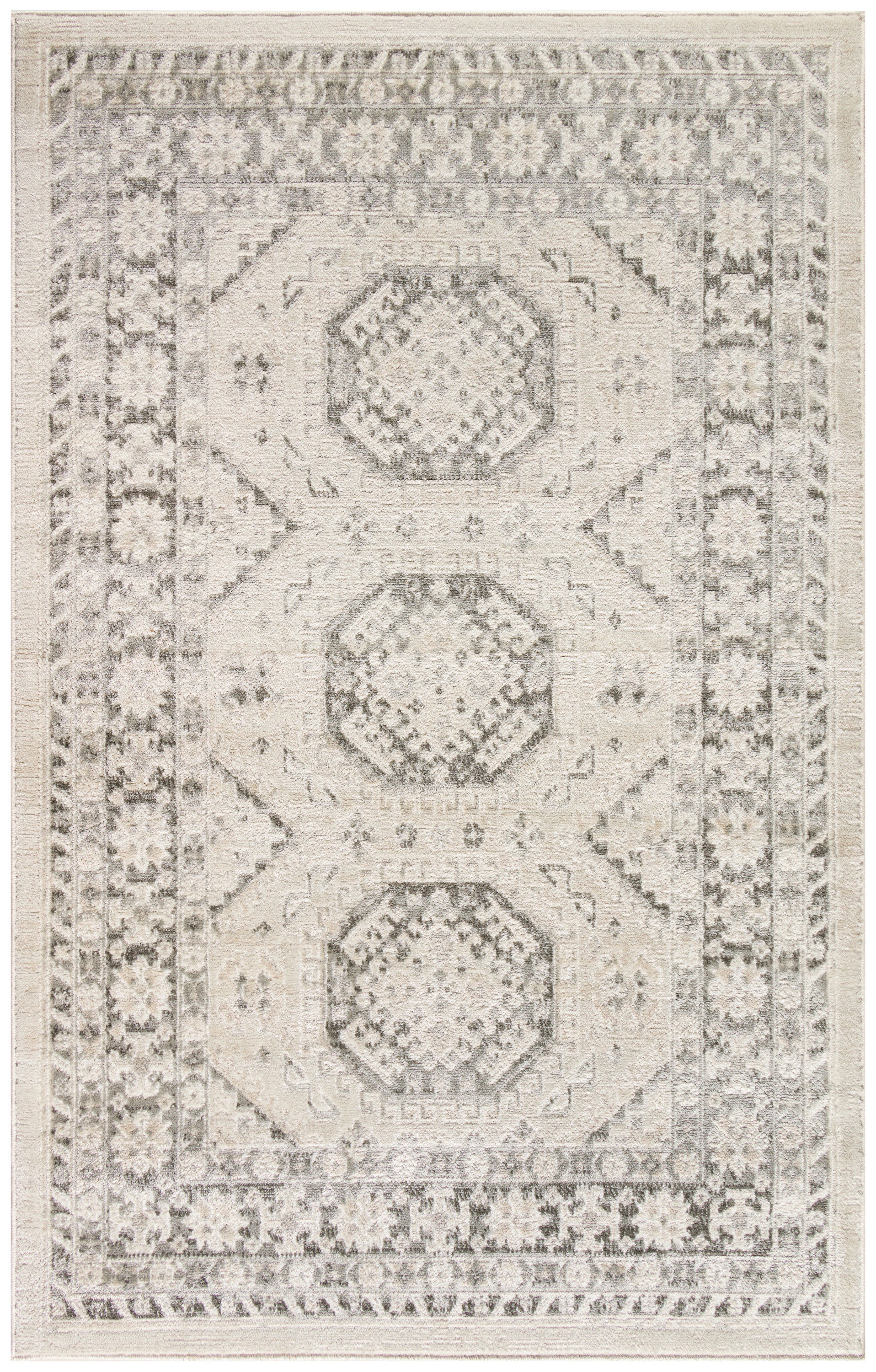 Distressed beige oriental area rug featuring three muted hexagonal medallions and a layered taupe-ivory floral border