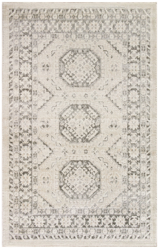 Distressed beige oriental area rug featuring three muted hexagonal medallions and a layered taupe-ivory floral border