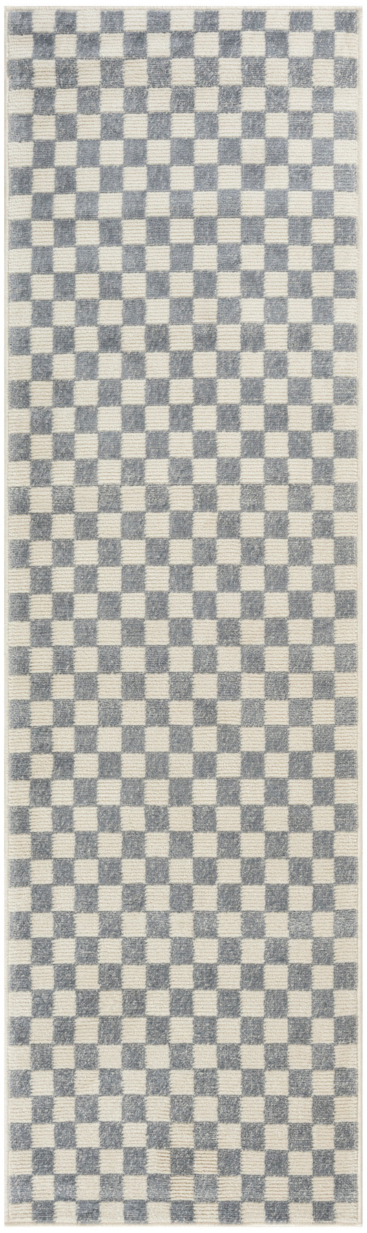 Woven runner rug with cream and blue-gray checkerboard pattern.