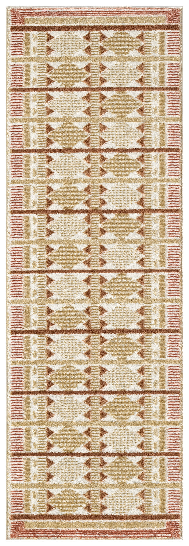 Long hallway runner rug with beige-tan geometric diamonds and red borders; woven, boho tribal style.