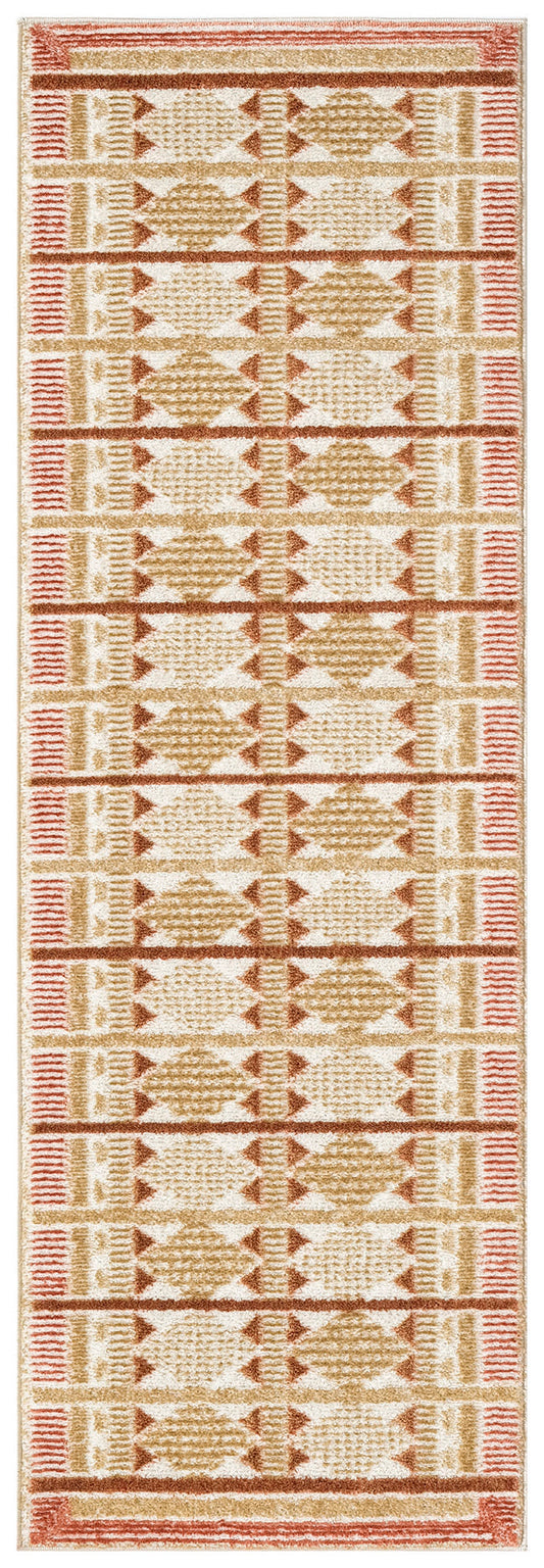 Long hallway runner rug with beige-tan geometric diamonds and red borders; woven, boho tribal style.