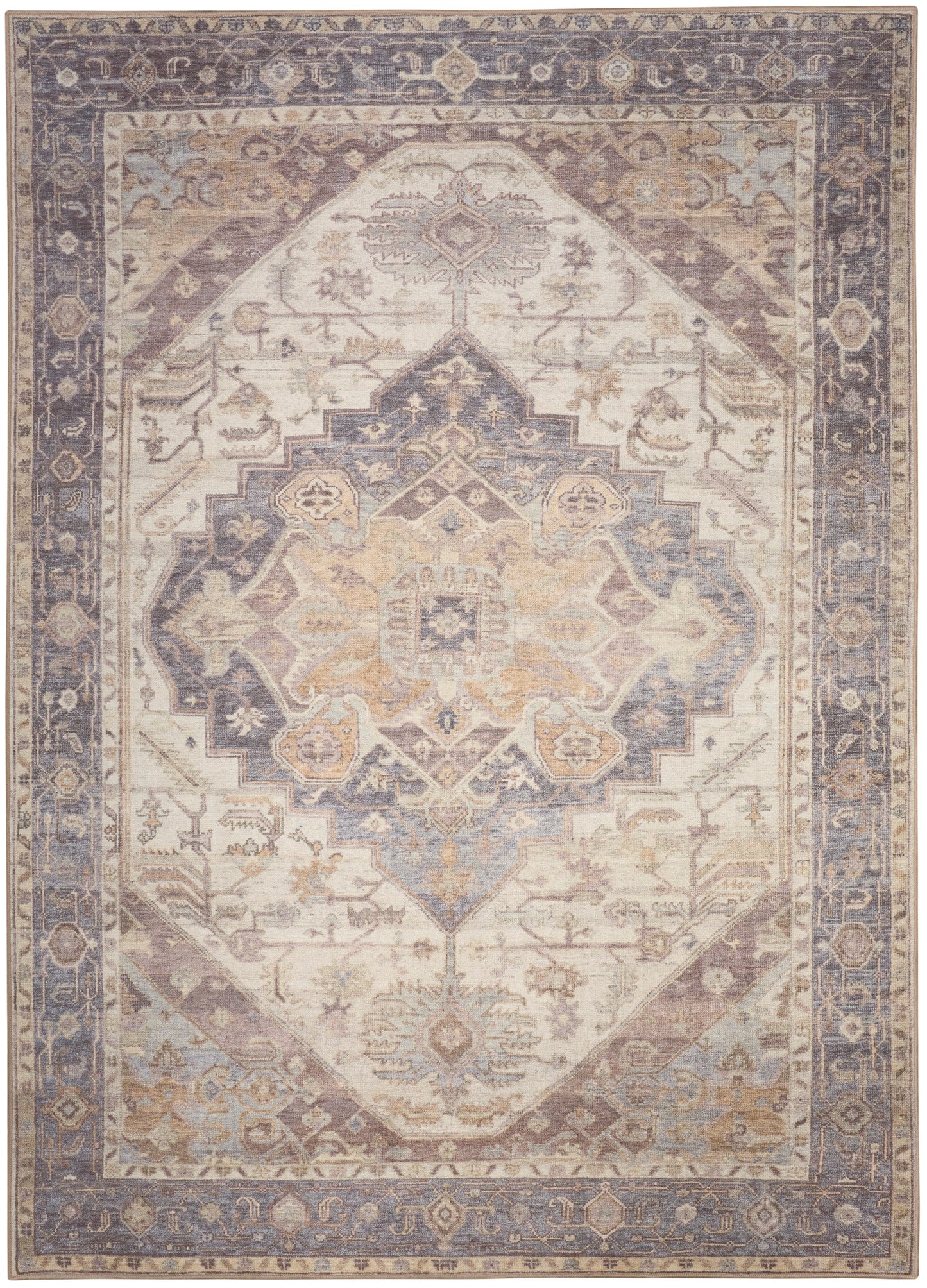 Rectangular vintage oriental rug with central diamond medallion; muted ivory, blue-gray, taupe and pale gold border.