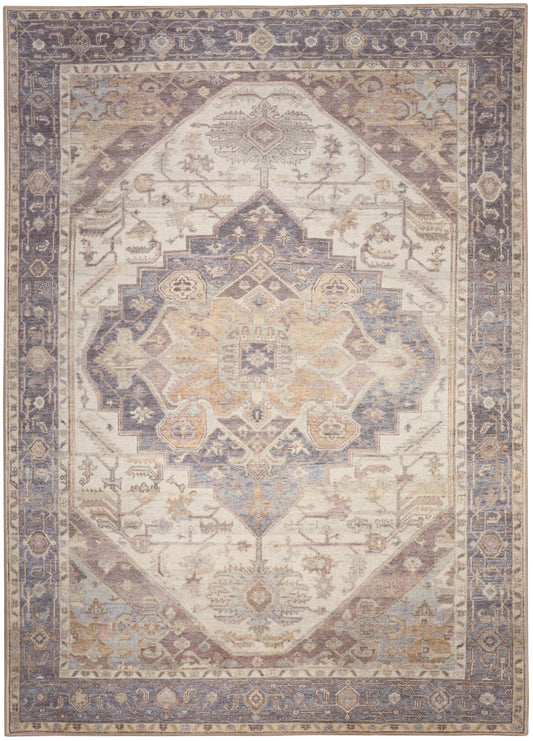 Rectangular vintage oriental rug with central diamond medallion; muted ivory, blue-gray, taupe and pale gold border.