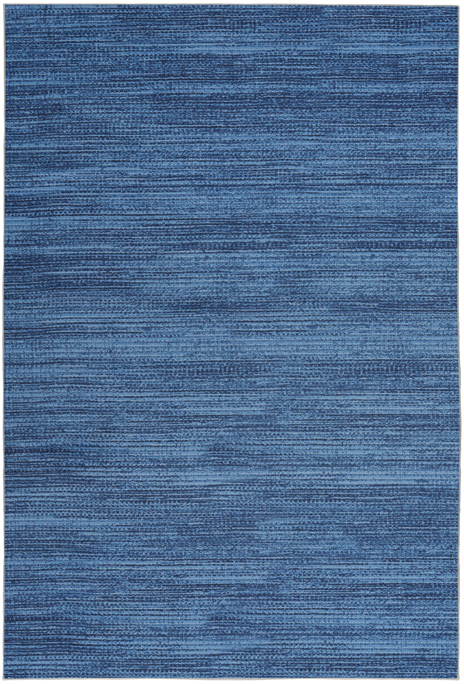 Rectangular blue woven rug with variegated indigo tones and subtle horizontal stripes.
