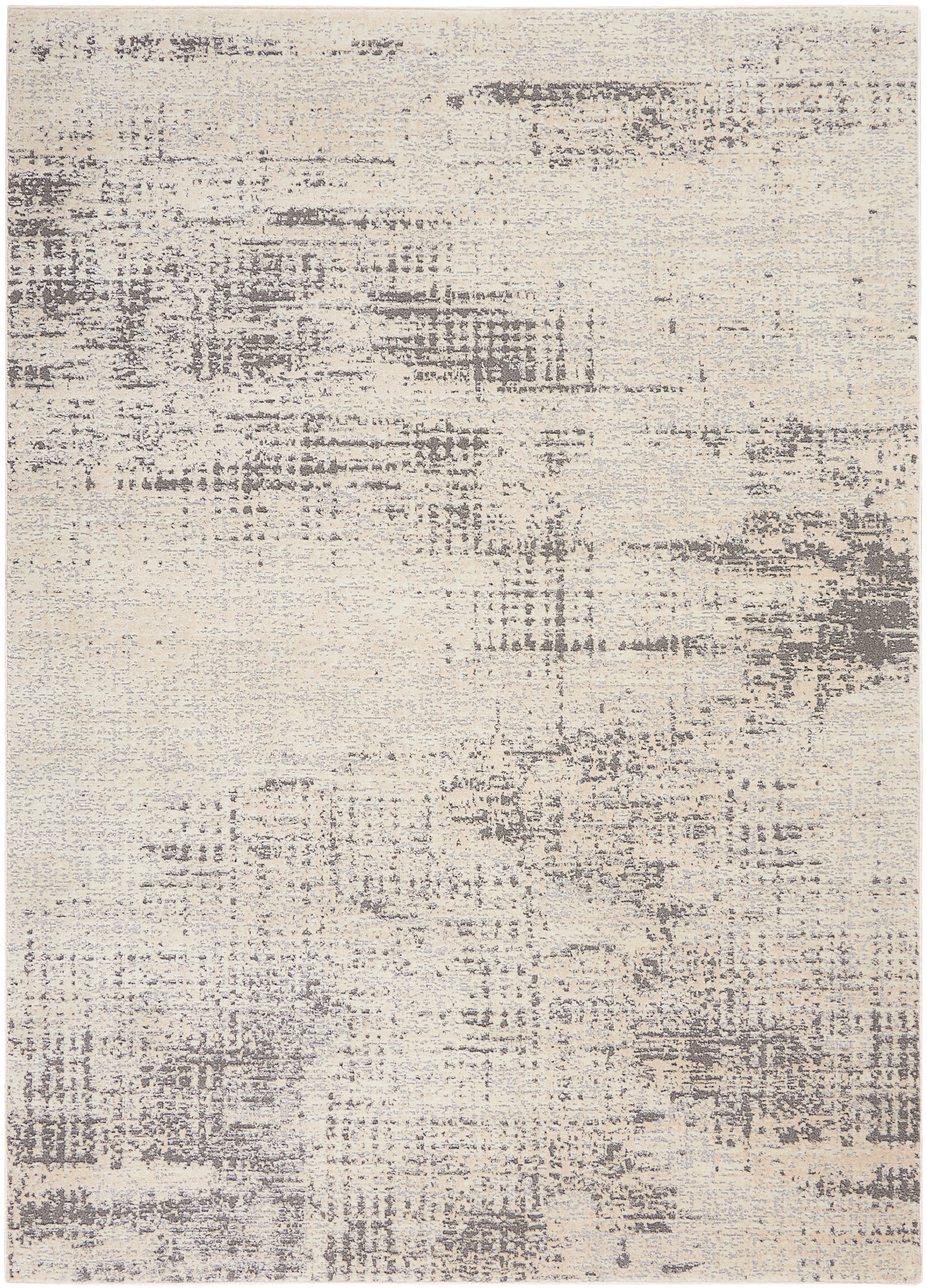 Rectangular cream and gray abstract distressed pattern area rug, contemporary style.