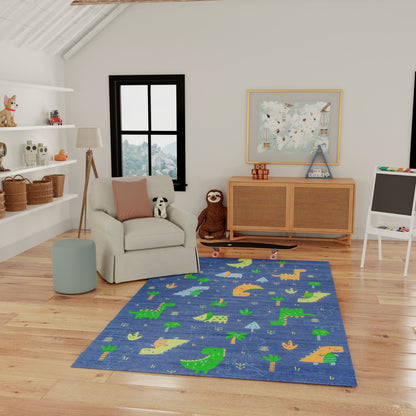 Blue dinosaur-pattern kids rug on wooden floor in a cozy playroom with beige armchair, wicker cabinet, plush monkey.