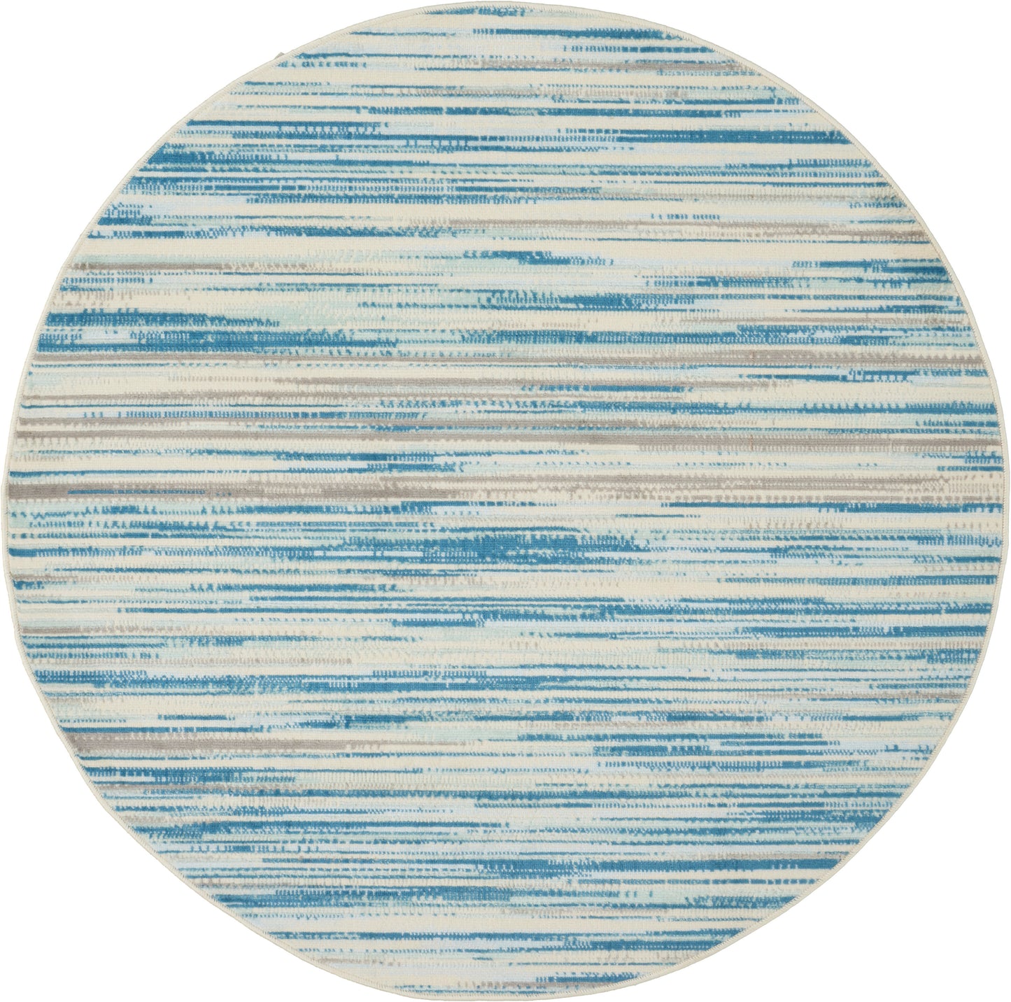 Round rug featuring blue and cream brushstroke stripes in an abstract, coastal-style pattern.