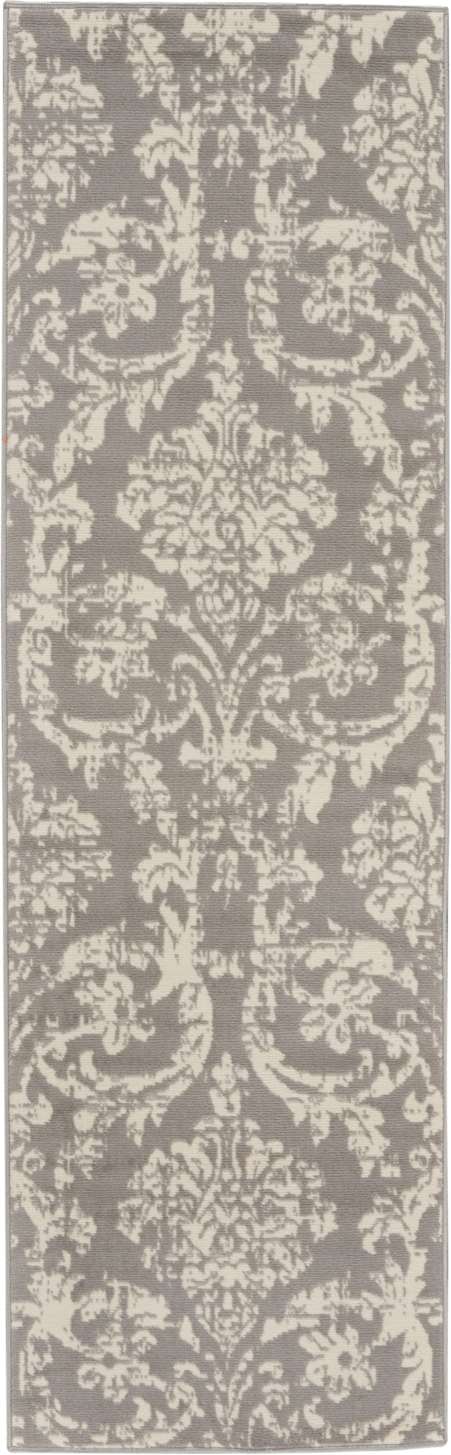 Rectangular taupe runner rug with cream ornate damask pattern; soft woven textile for hallway or entry.