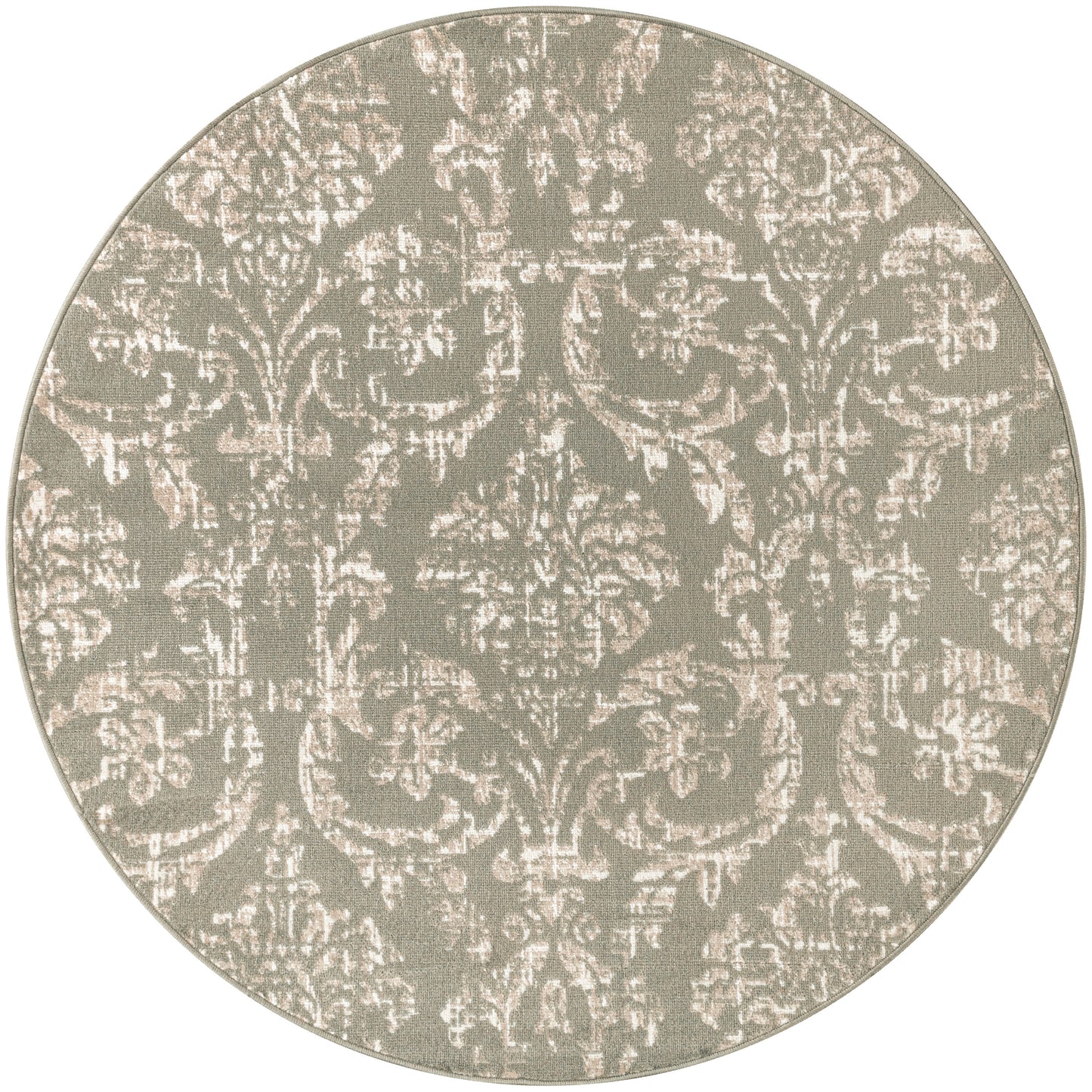Round area rug with taupe background and cream damask pattern, plush woven texture, elegant vintage style for living rooms.