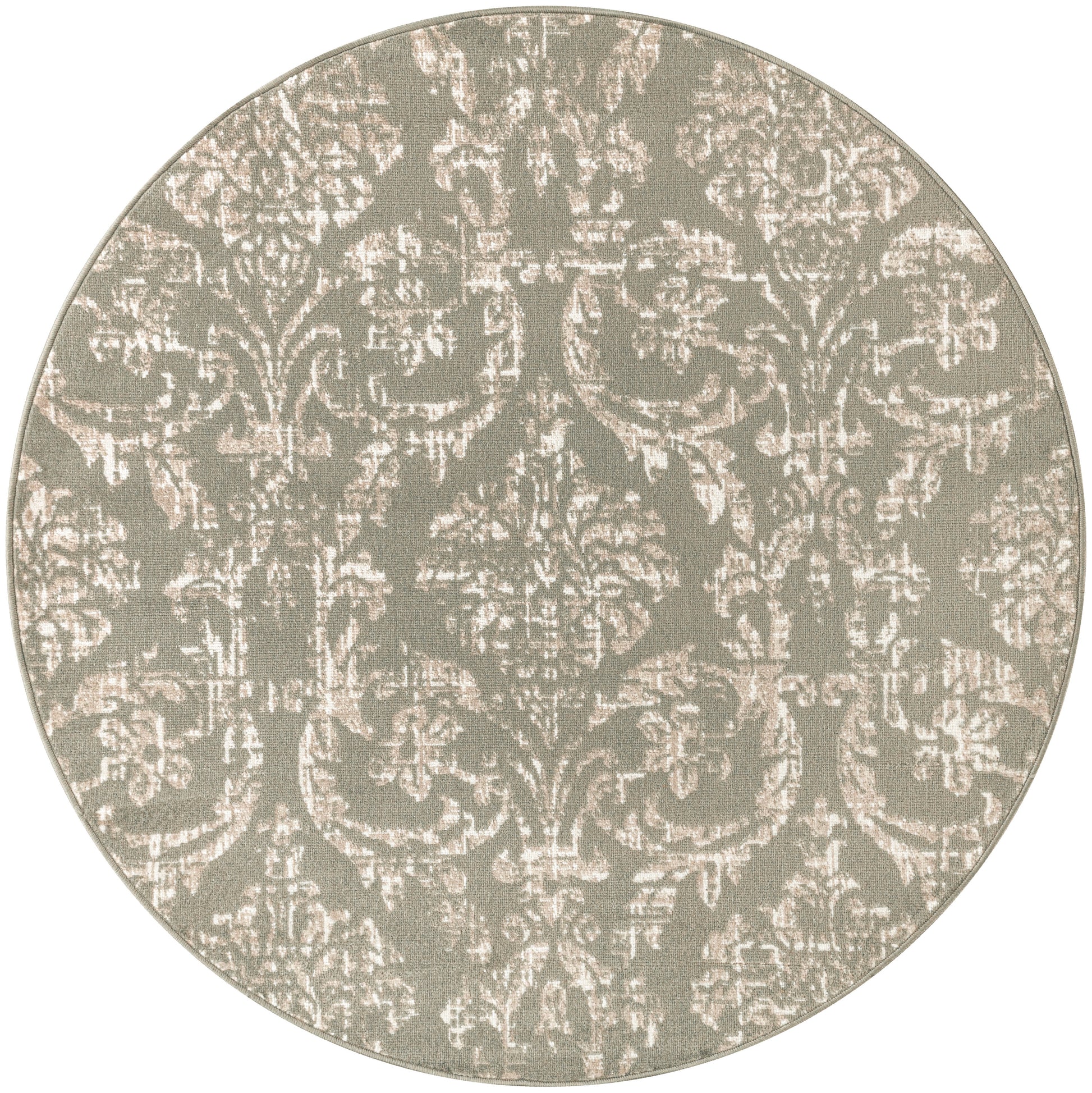 Round area rug with taupe background and cream damask pattern, plush woven texture, elegant vintage style for living rooms.