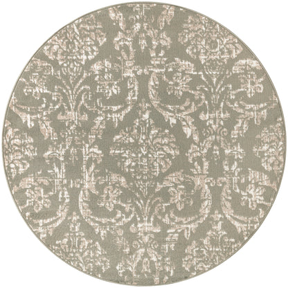 Round area rug with taupe background and cream damask pattern, plush woven texture, elegant vintage style for living rooms.