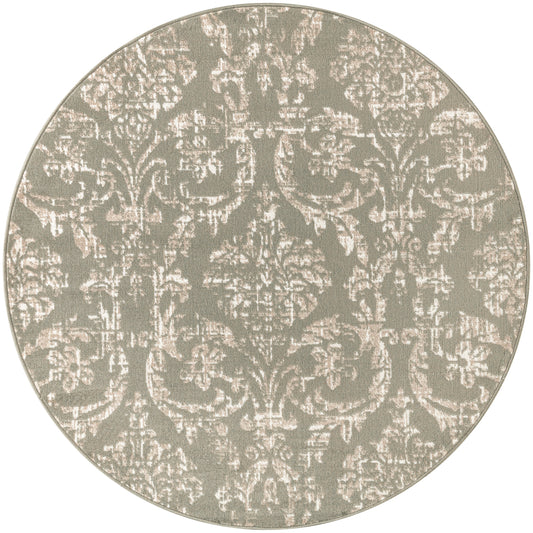 Round area rug with taupe background and cream damask pattern, plush woven texture, elegant vintage style for living rooms.