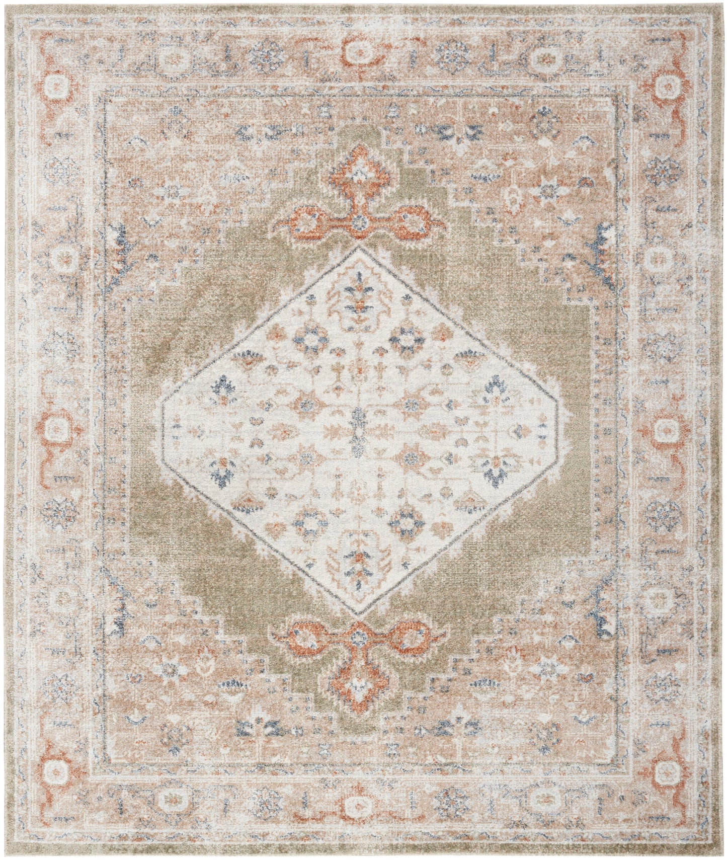 Distressed vintage-style beige area rug with a white diamond medallion, blue floral accents and soft coral border motifs.