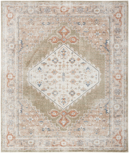 Distressed vintage-style beige area rug with a white diamond medallion, blue floral accents and soft coral border motifs.