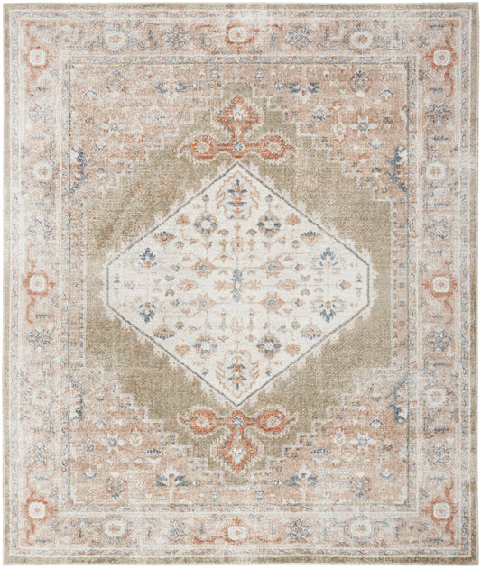 Distressed vintage-style beige area rug with a white diamond medallion, blue floral accents and soft coral border motifs.