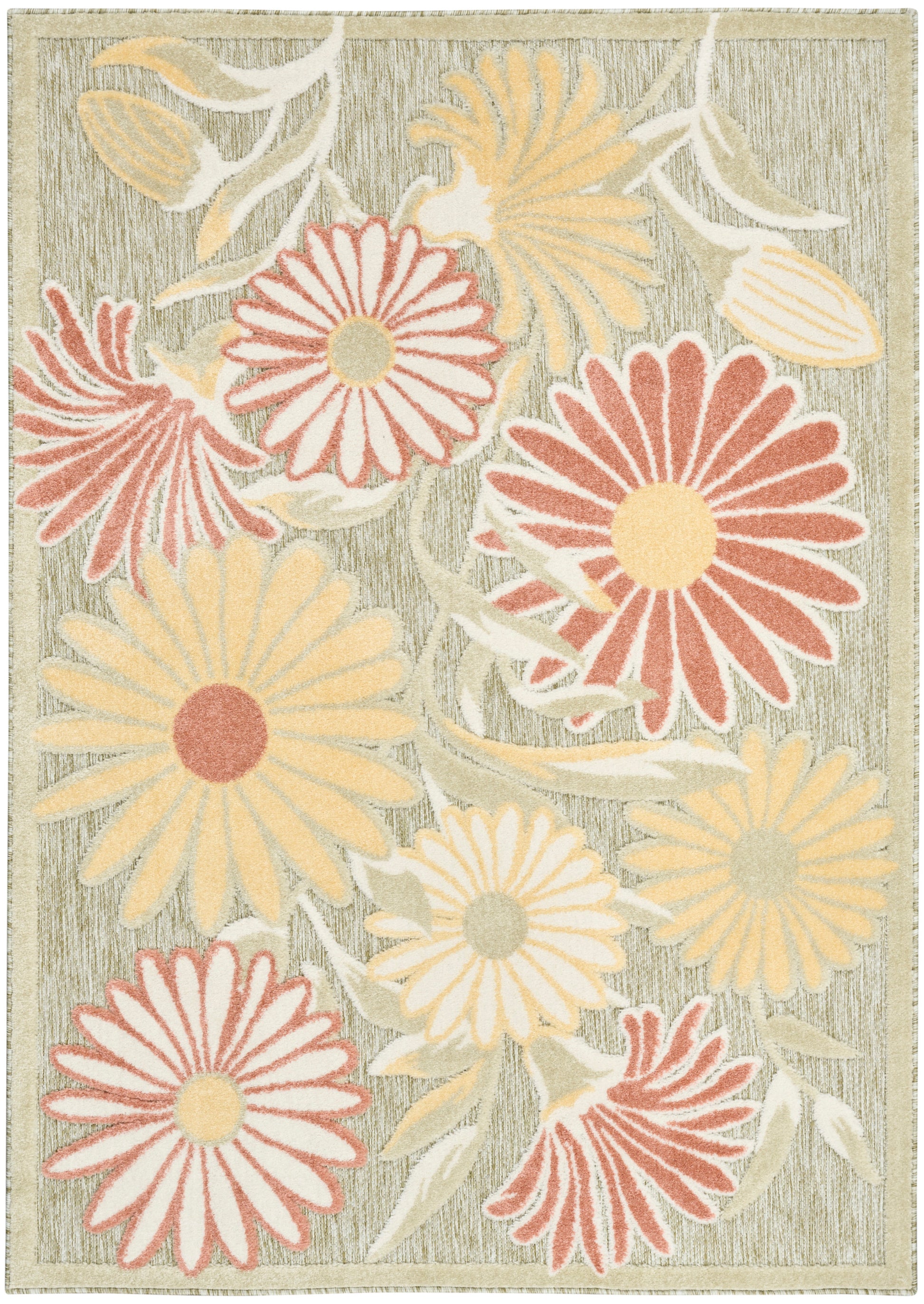 Floral area rug with large daisies in yellow, peach and red on a gray textured background, beige border.