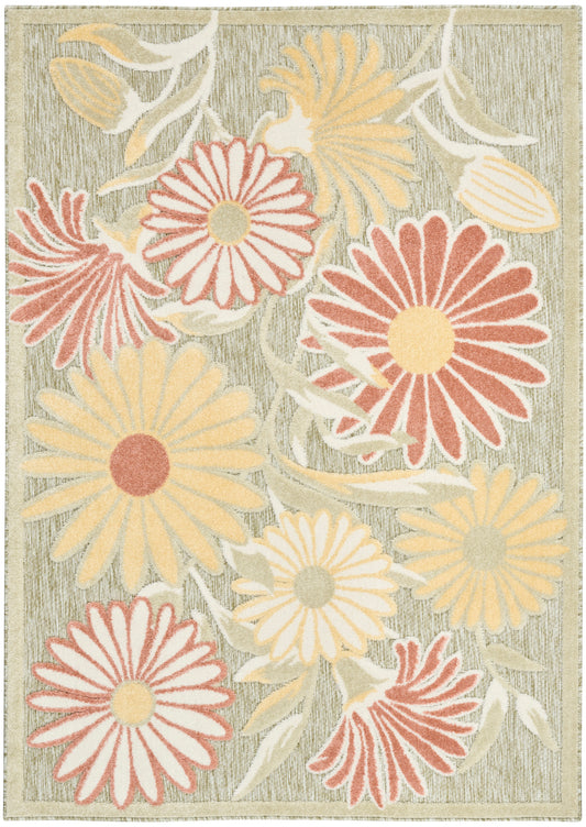 Floral area rug with large daisies in yellow, peach and red on a gray textured background, beige border.