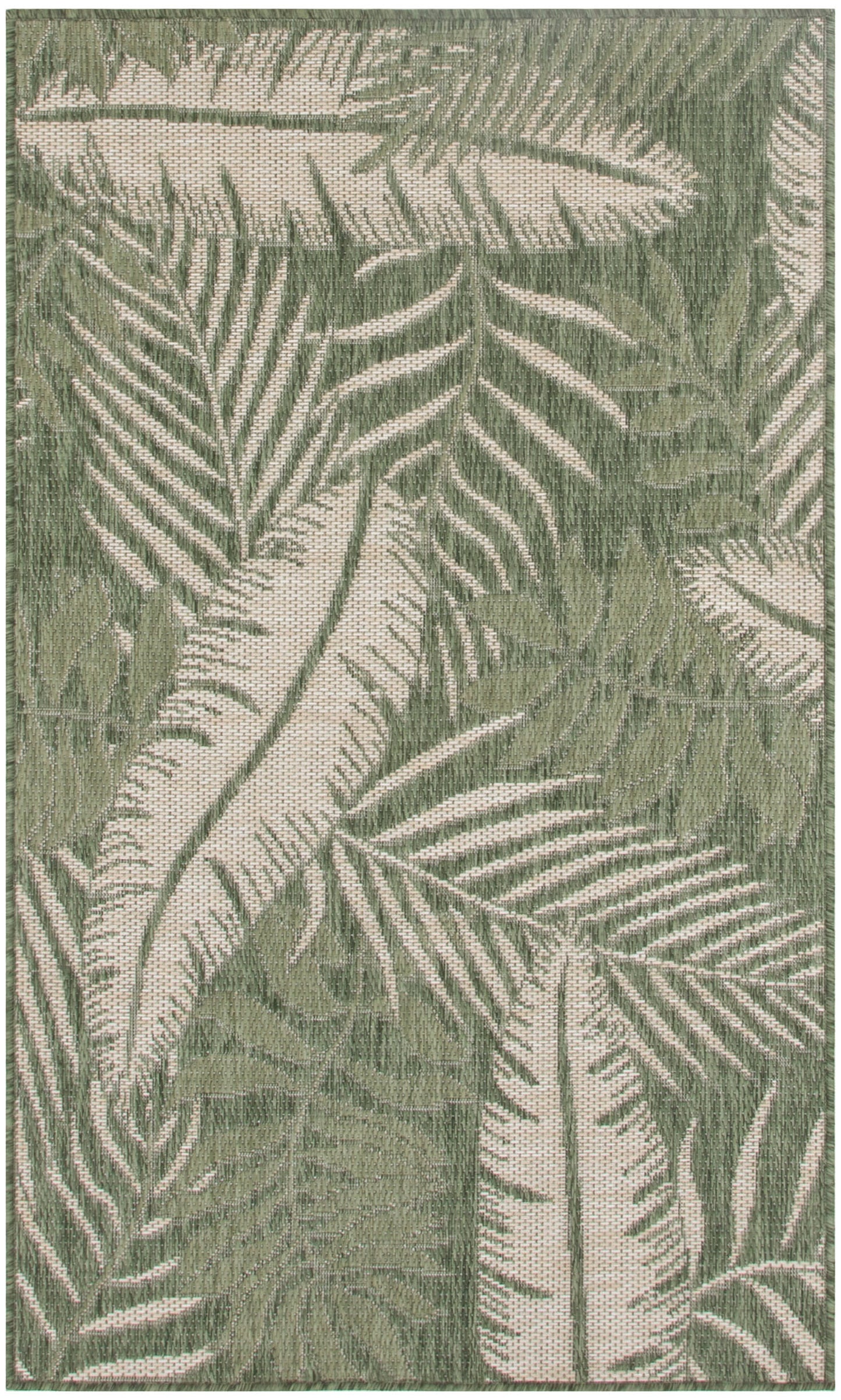 Olive green rug with beige palm leaf pattern and a textured fabric look.