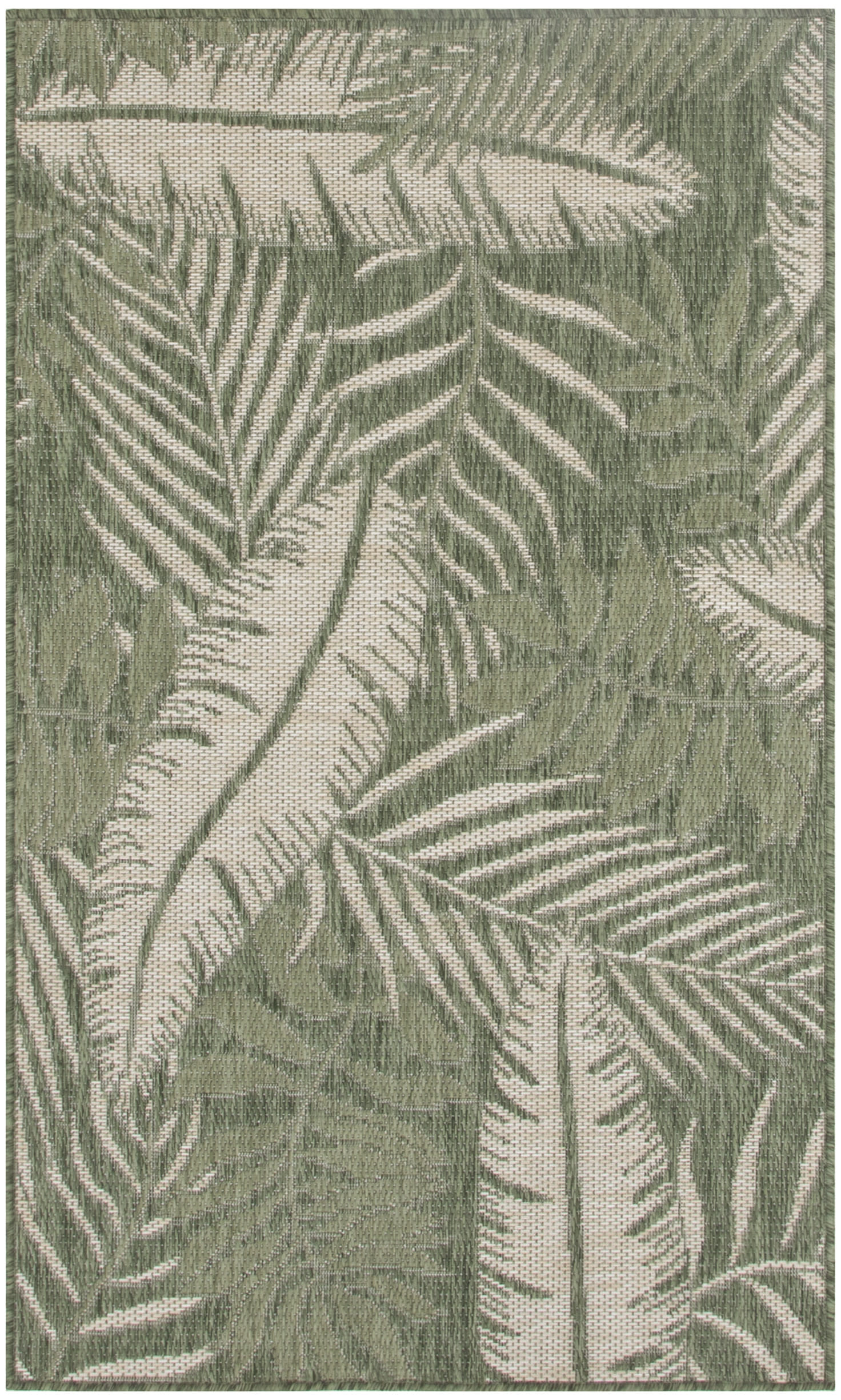 Olive green rug with beige palm leaf pattern and a textured fabric look.