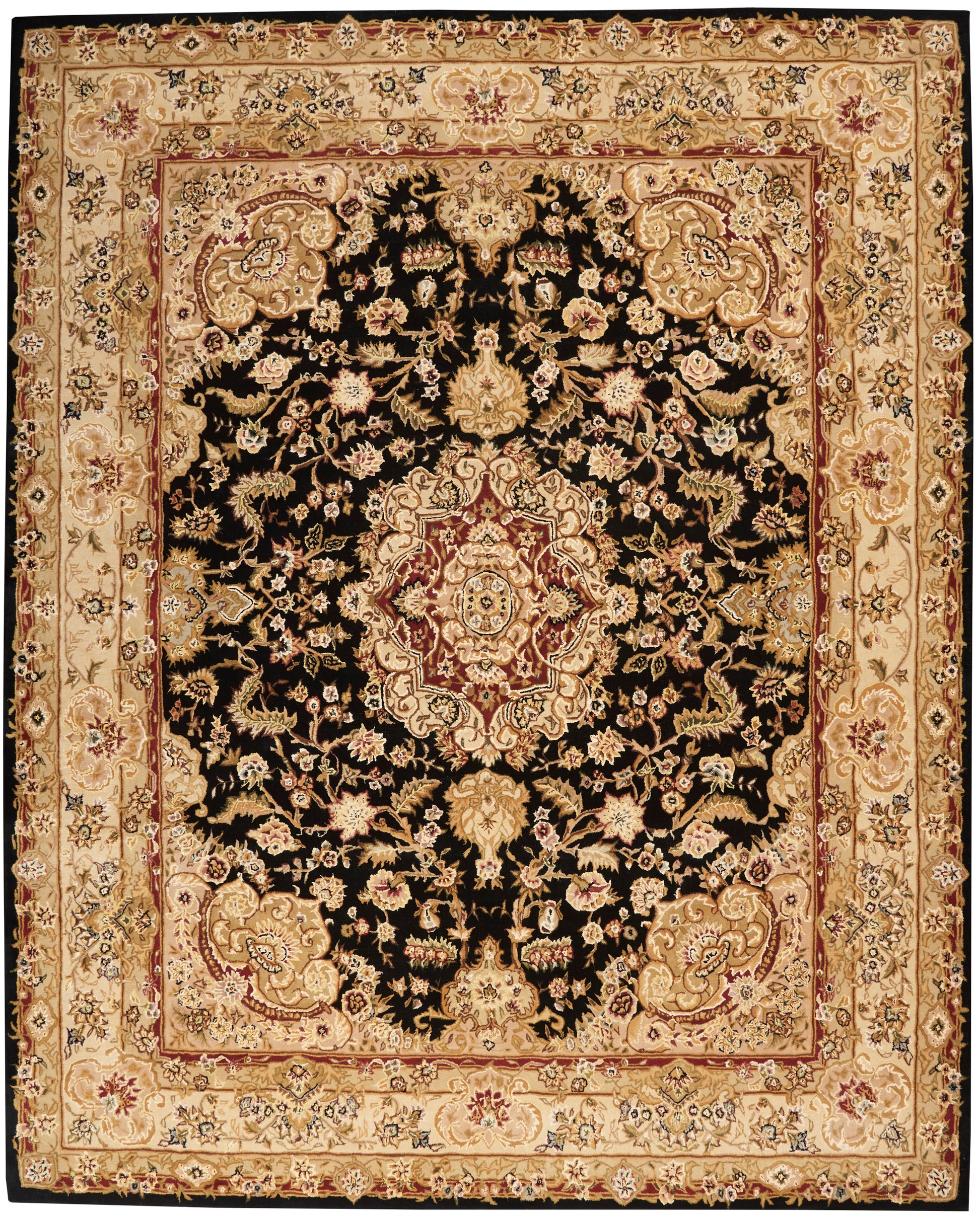 Persian-style area rug with black central field, ornate gold-beige floral medallion, and cream/red bordered edges.