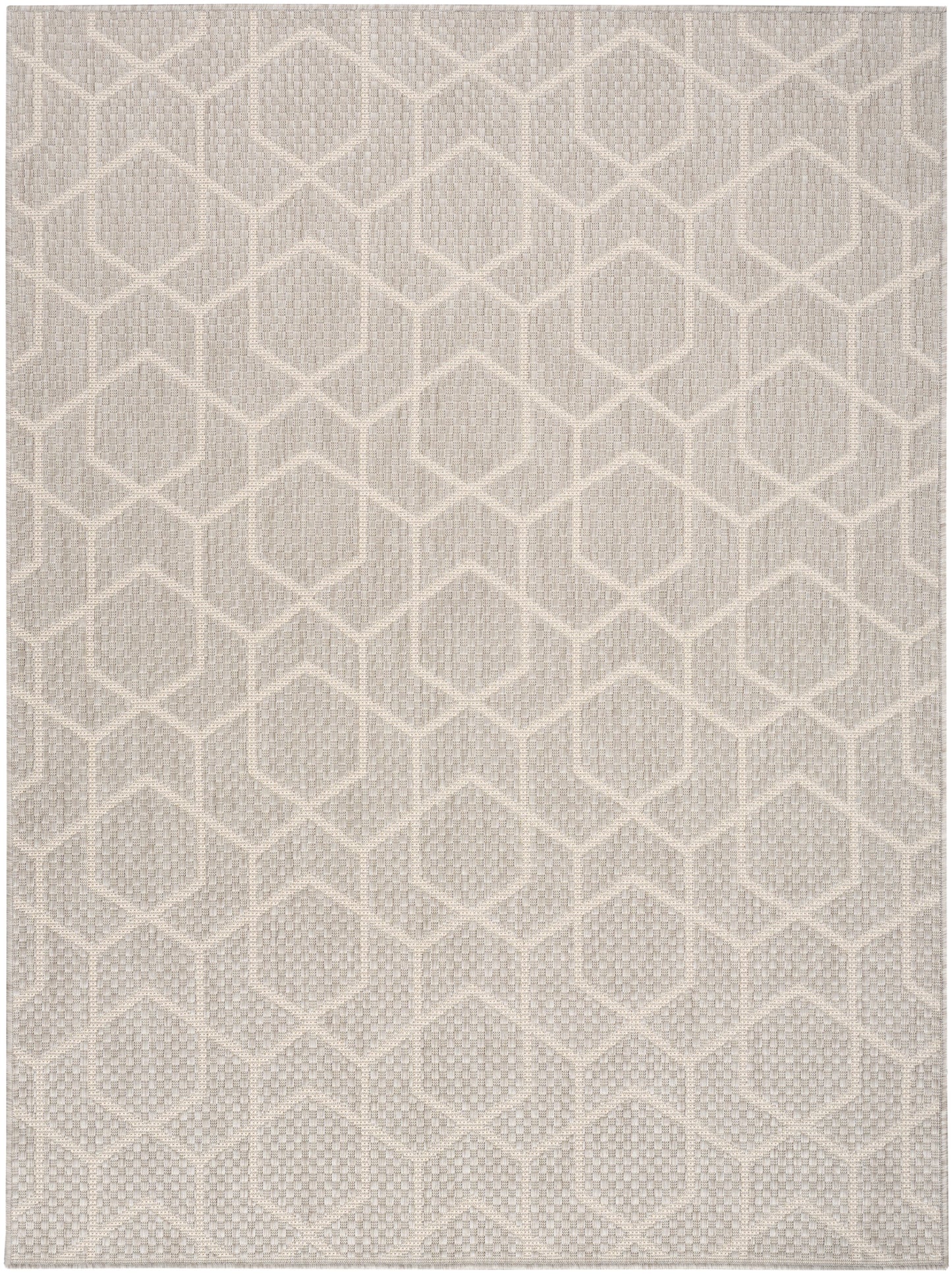 Neutral beige area rug with repeating hexagon lattice pattern & woven texture.