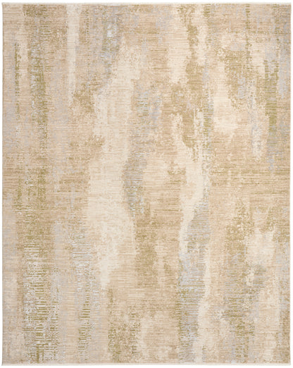 Neutral-toned abstract area rug with beige, taupe and cream strokes and pale blue hints; modern textured design.