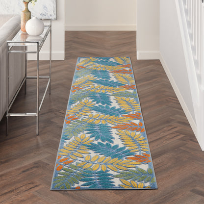 Long hallway runner rug with tropical blue, teal, yellow and orange leaf pattern on a light gray background.