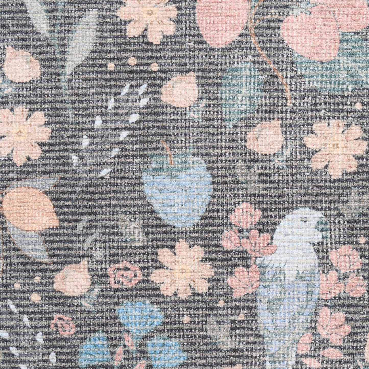 Rug with a woven floral pattern in pastel pink, blue and peach on a gray textured background, 5' x 7'.