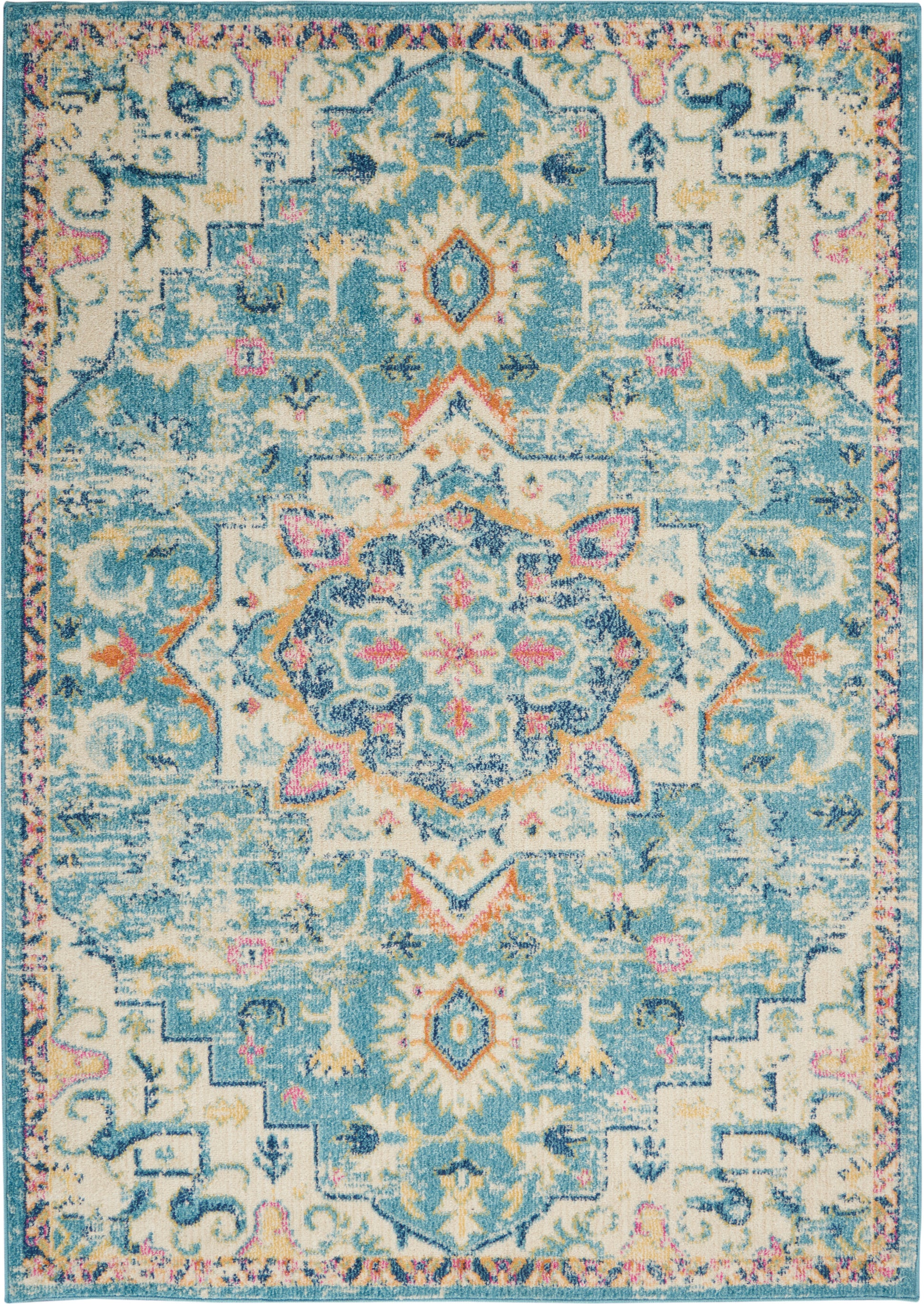 Distressed blue and ivory woven oriental rug with pink and orange accents and a central medallion, ornate border.
