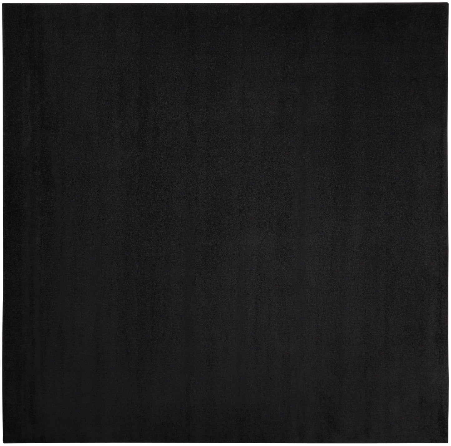 Solid black square textile rug with smooth velvety texture for floor use.