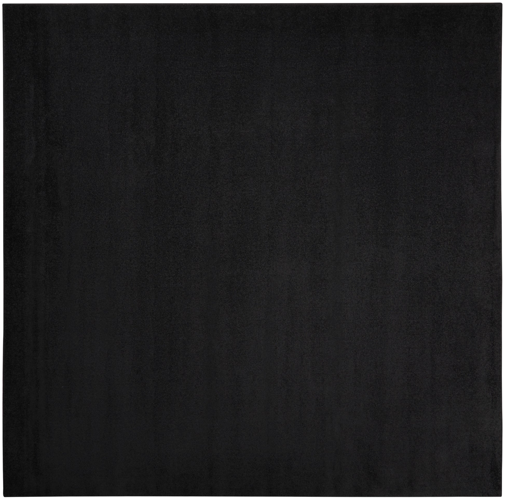 Solid black square textile rug with smooth velvety texture for floor use.